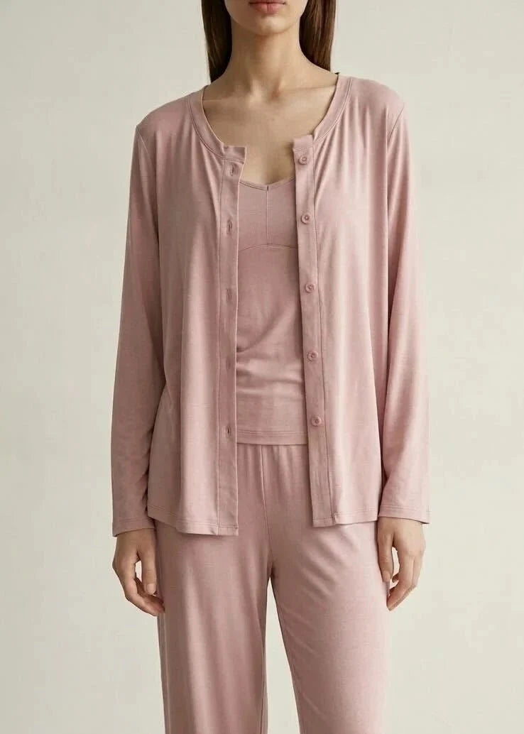 Solid Ruffle V Tank and Long Pants with Cardigan Modal Pajama Set