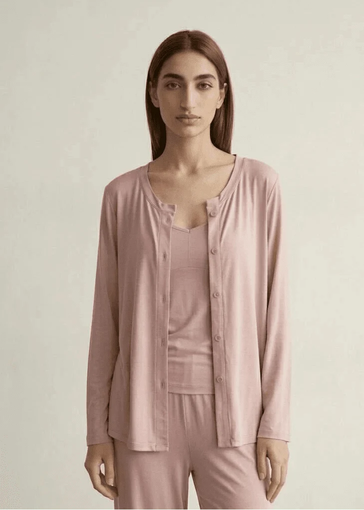 Solid Ruffle V Tank and Long Pants with Cardigan Modal Pajama Set