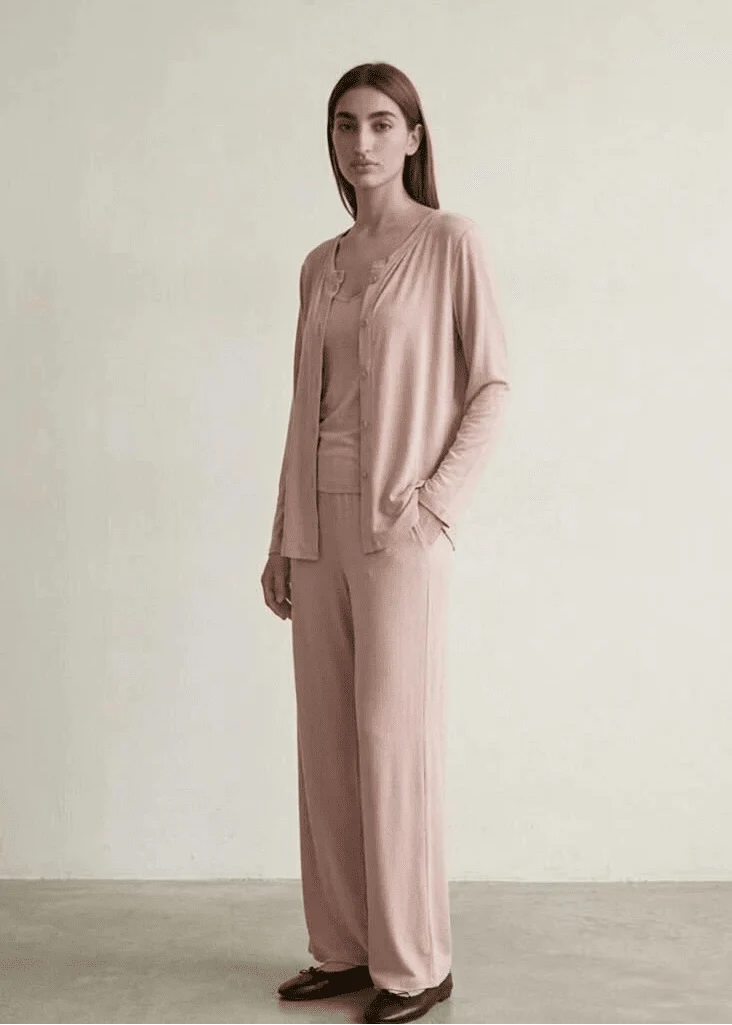 Solid Ruffle V Tank and Long Pants with Cardigan Modal Pajama Set