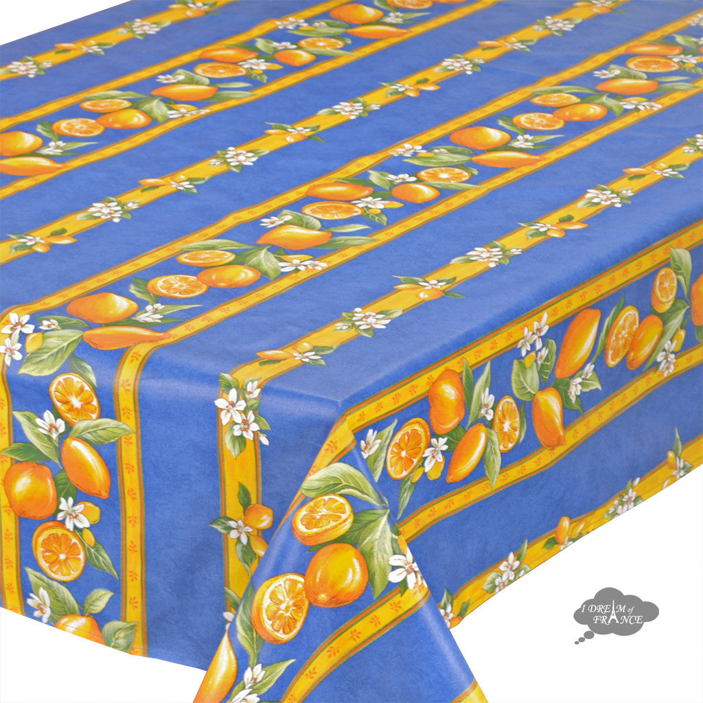 60x78" Rectangular Lemons Blue Acrylic-Coated Cotton Tablecloth by Tissus Toselli