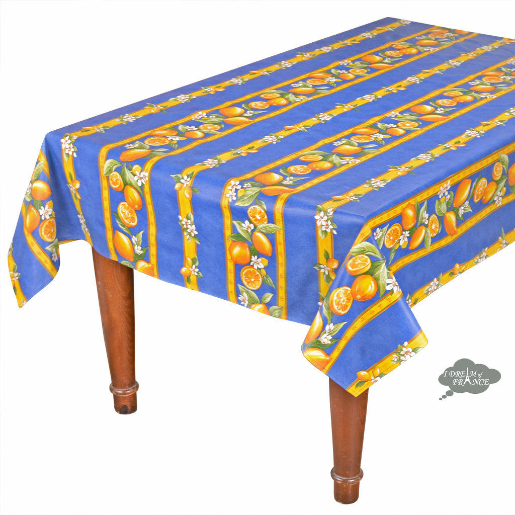 60x78" Rectangular Lemons Blue Acrylic-Coated Cotton Tablecloth by Tissus Toselli