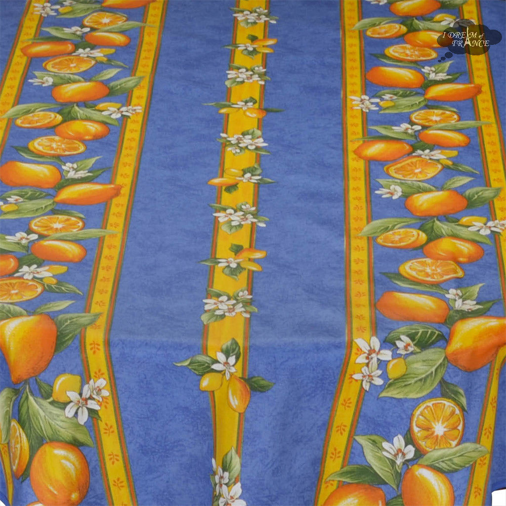 58" Round Lemons Blue Tablecloth by Tissus Toselli