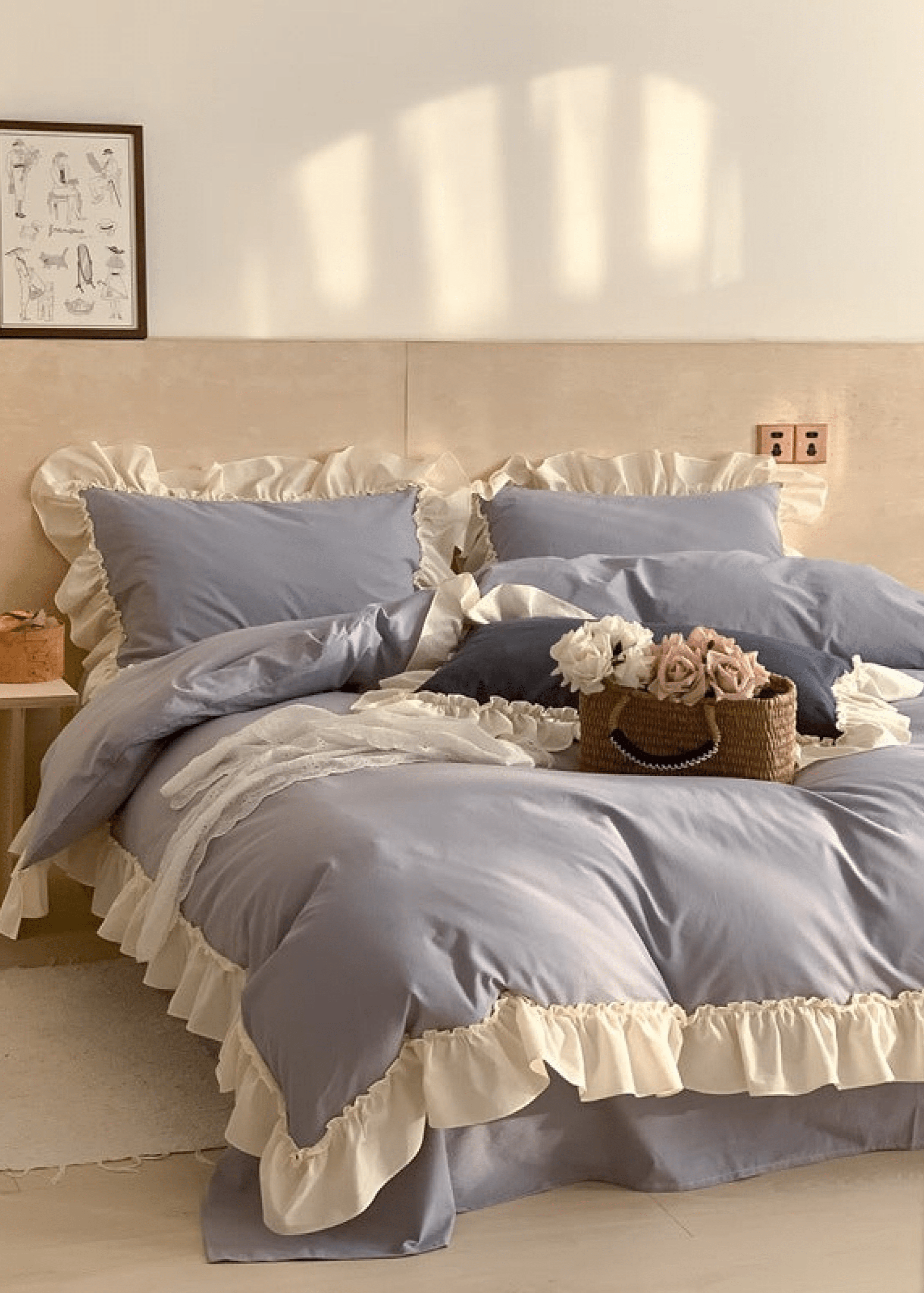 Vintage Earth Tone Large Ruffle Bedding Set / Pink