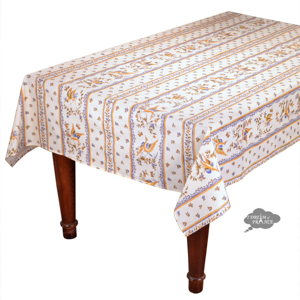 60x138" Rectangular Moustiers Blue Acrylic-Coated Cotton Tablecloth by Tissus Toselli