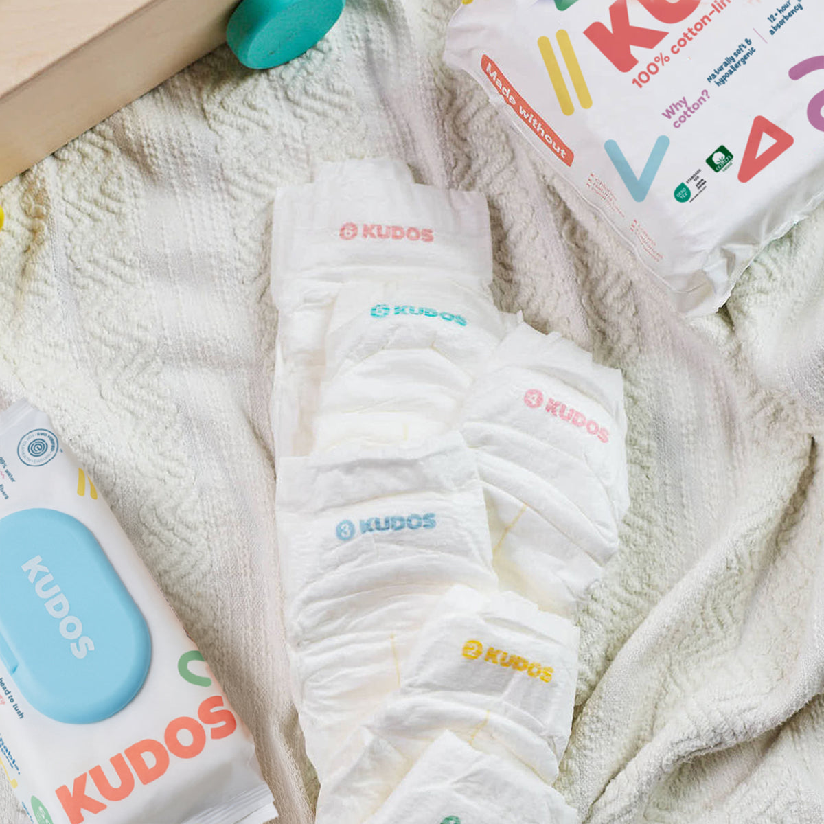 Diaper Box & Wipes Bundle | 100% Cotton Liner, TCF Diapers Size 1-6 | Kudos