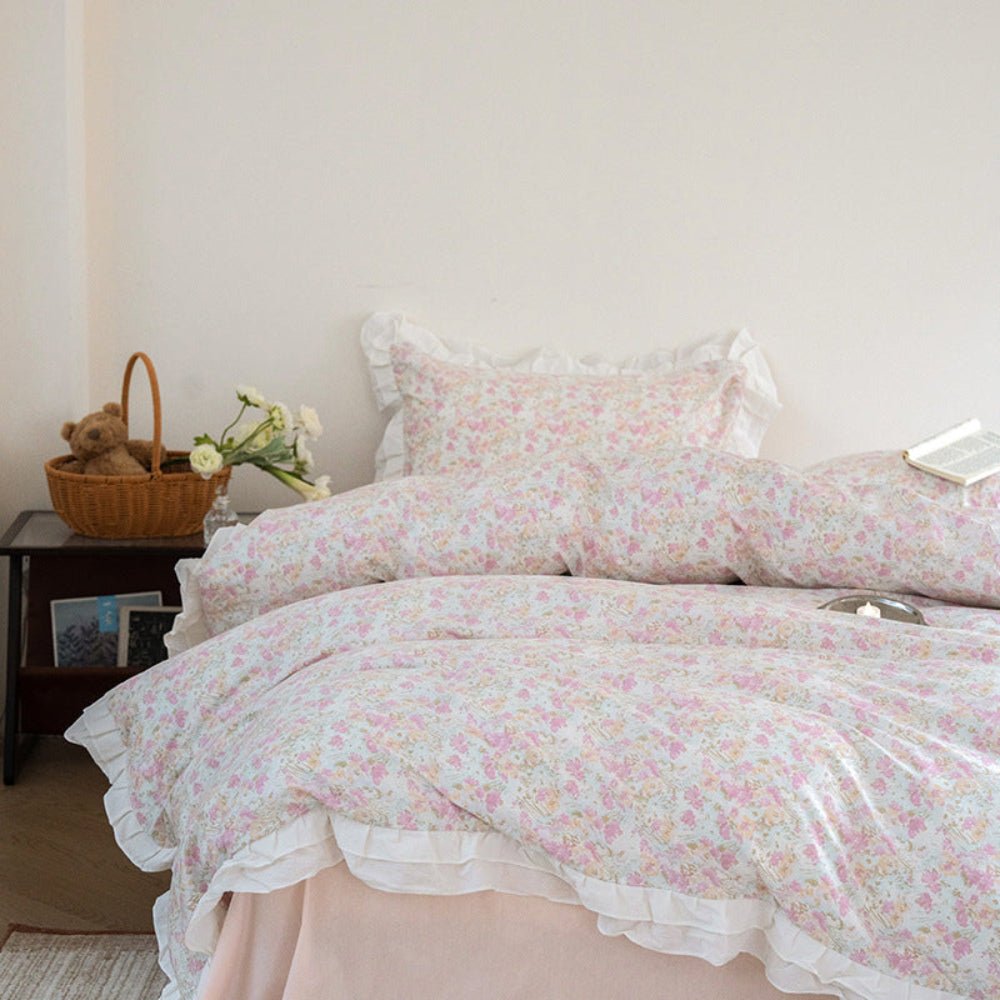 Annie Lace Ruffle Floral Bedding Set / Cream Blue