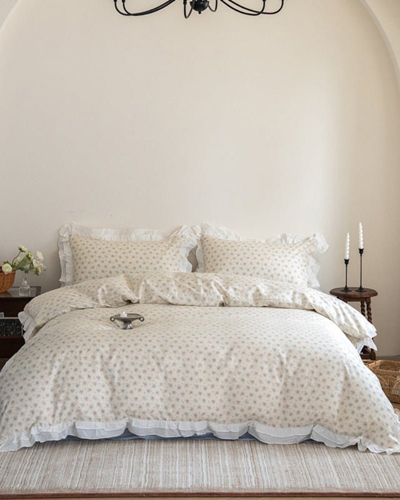 Annie Lace Ruffle Floral Bedding Set / Cream Blue