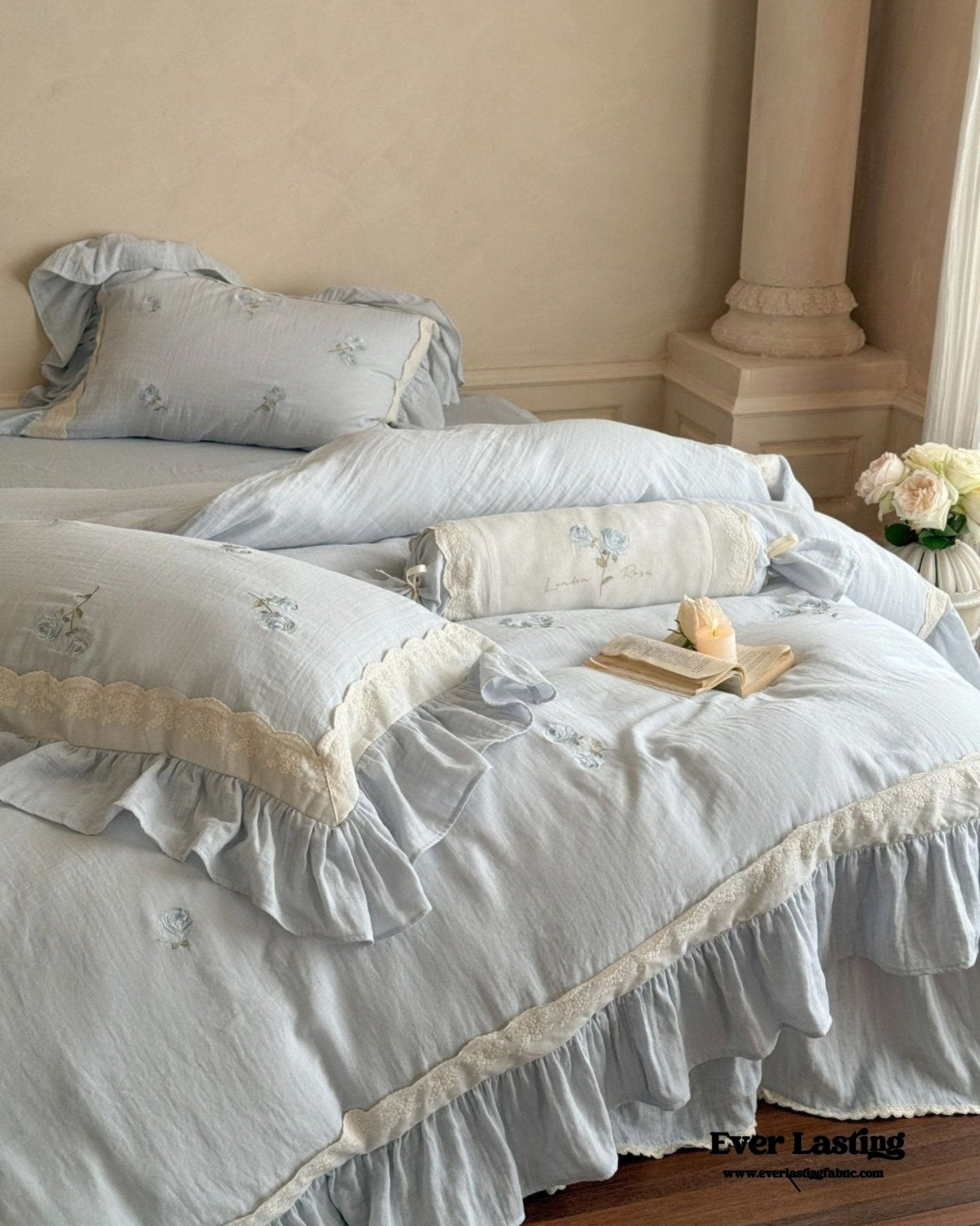 Beatrice Rose Lace Ruffle Bedding Set / Blue