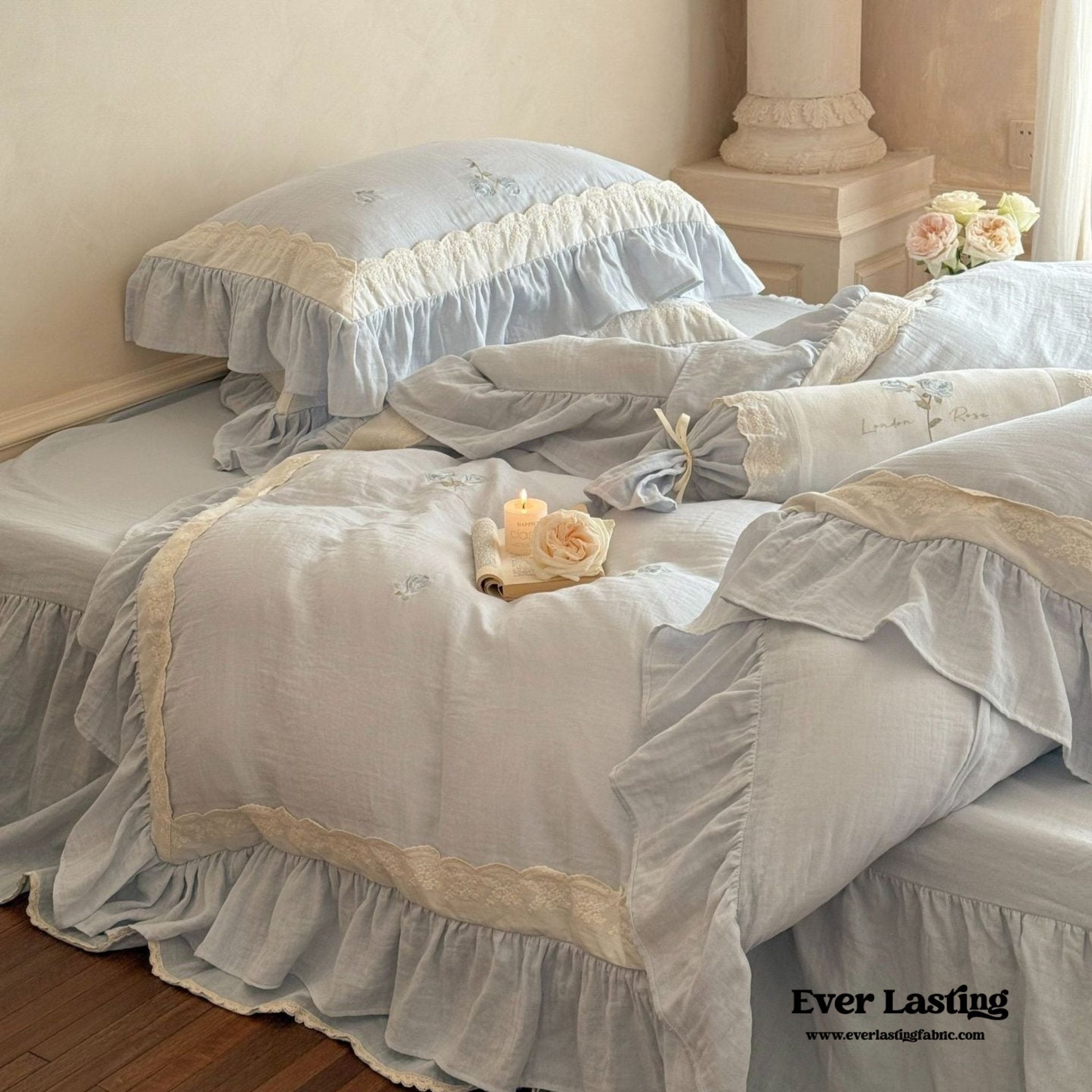 Beatrice Rose Lace Ruffle Bedding Set / Blue