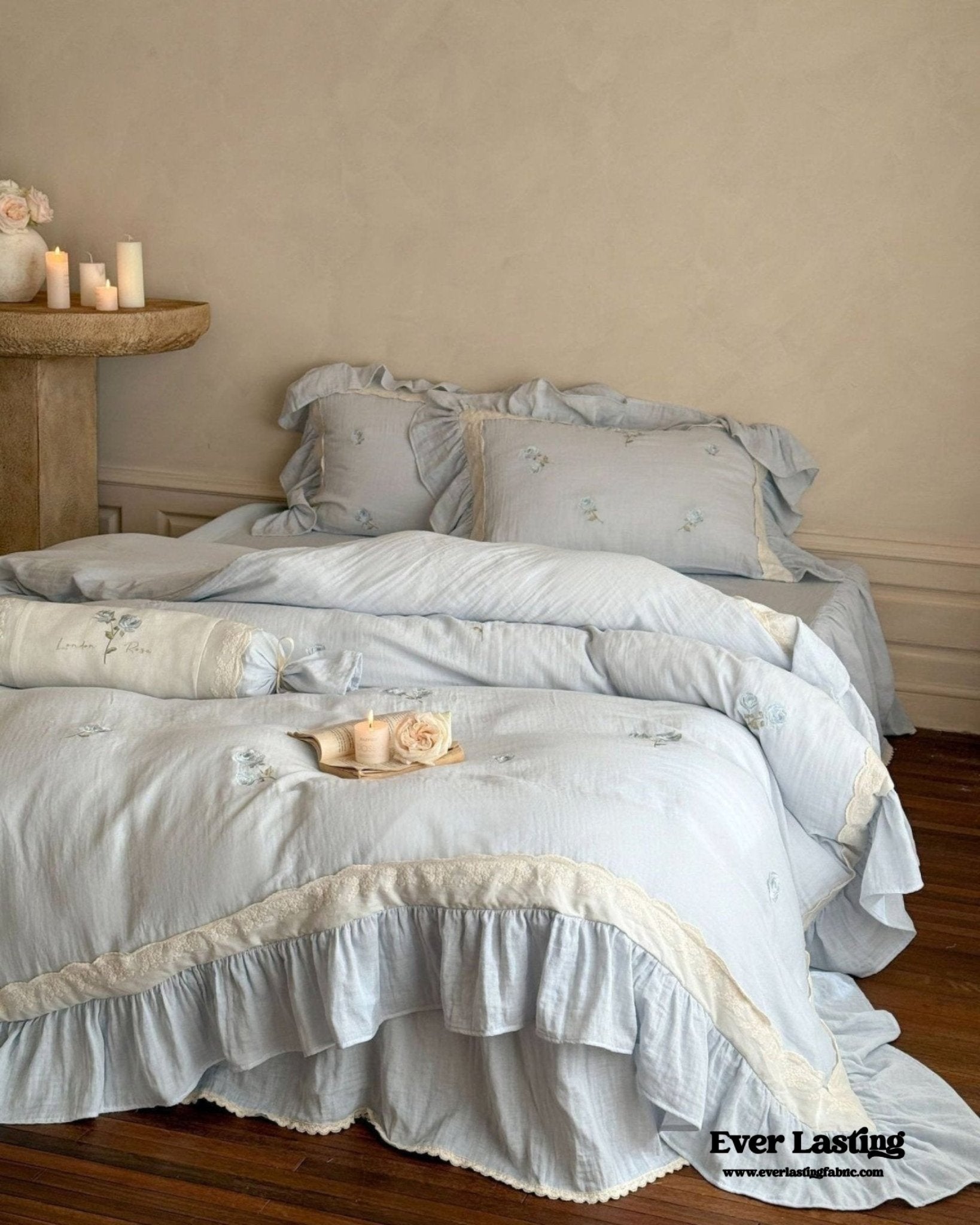 Beatrice Rose Lace Ruffle Bedding Set / Blue