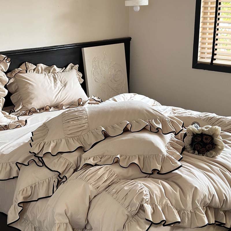 Beige Black Trim Ruffle Bedding Set