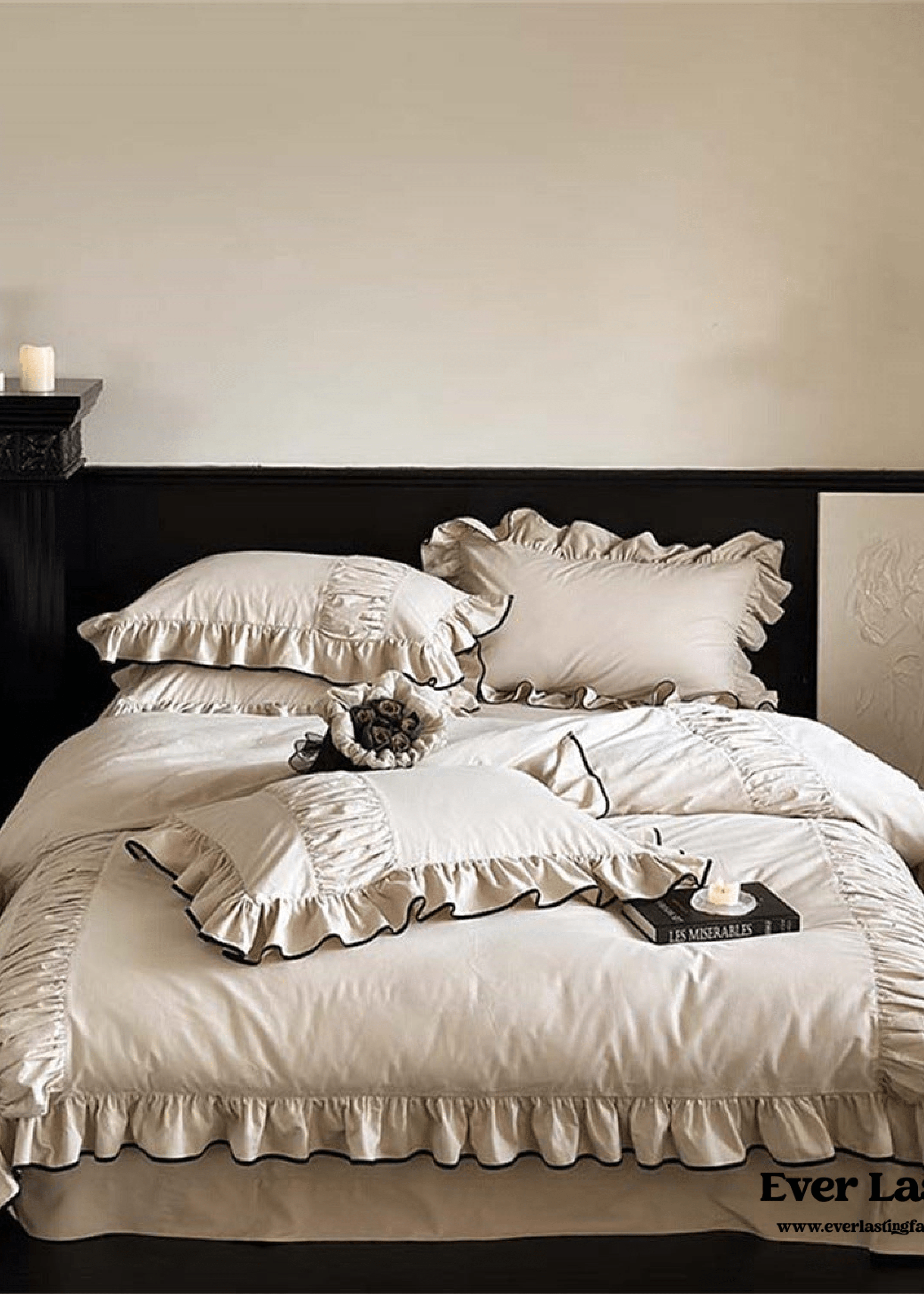 Beige Black Trim Ruffle Bedding Set