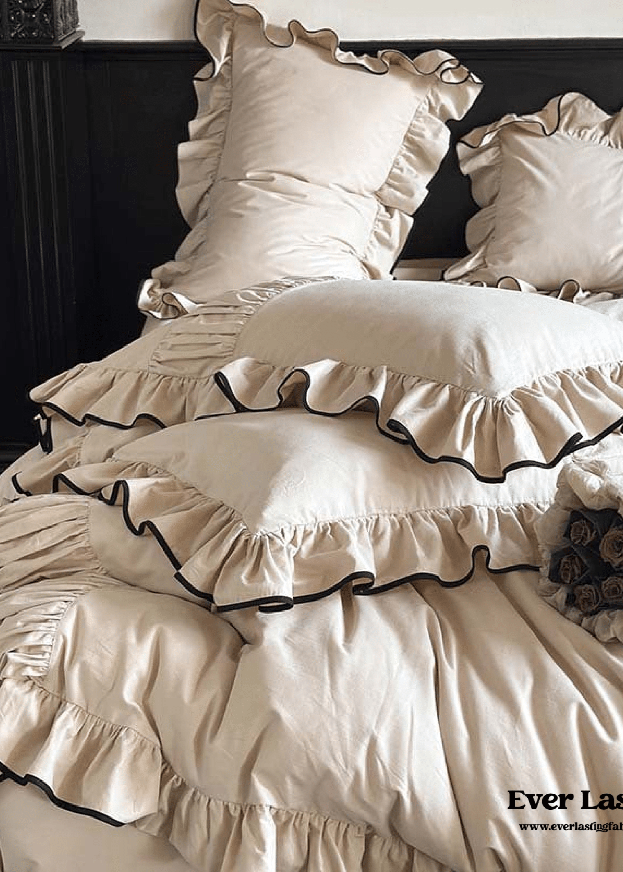 Beige Black Trim Ruffle Bedding Set