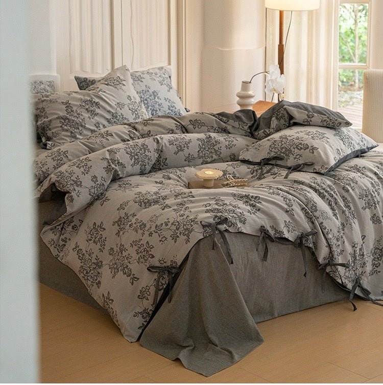 Bonnie Ribbon Bow Tie Floral Bedding Set / Light Gray