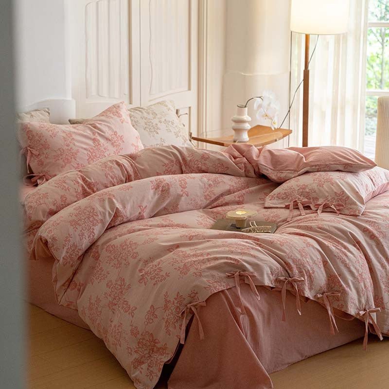 Bonnie Ribbon Bow Tie Floral Bedding Set / Light Gray