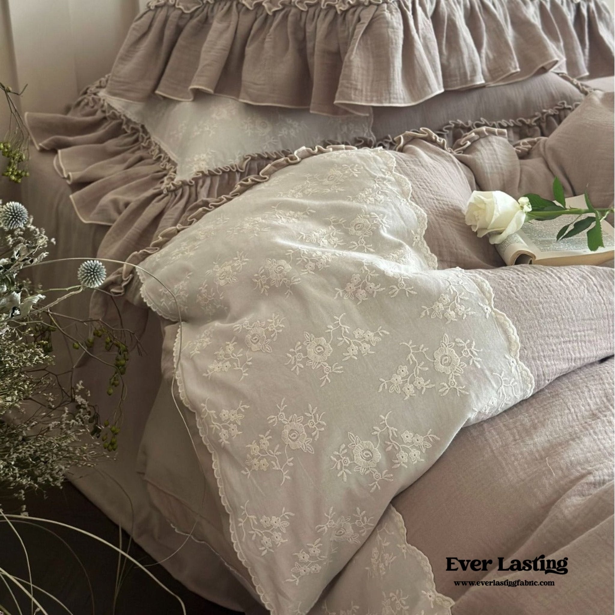 Celeste Soft Lace Embroidered Ruffle Bedding Set / Pink