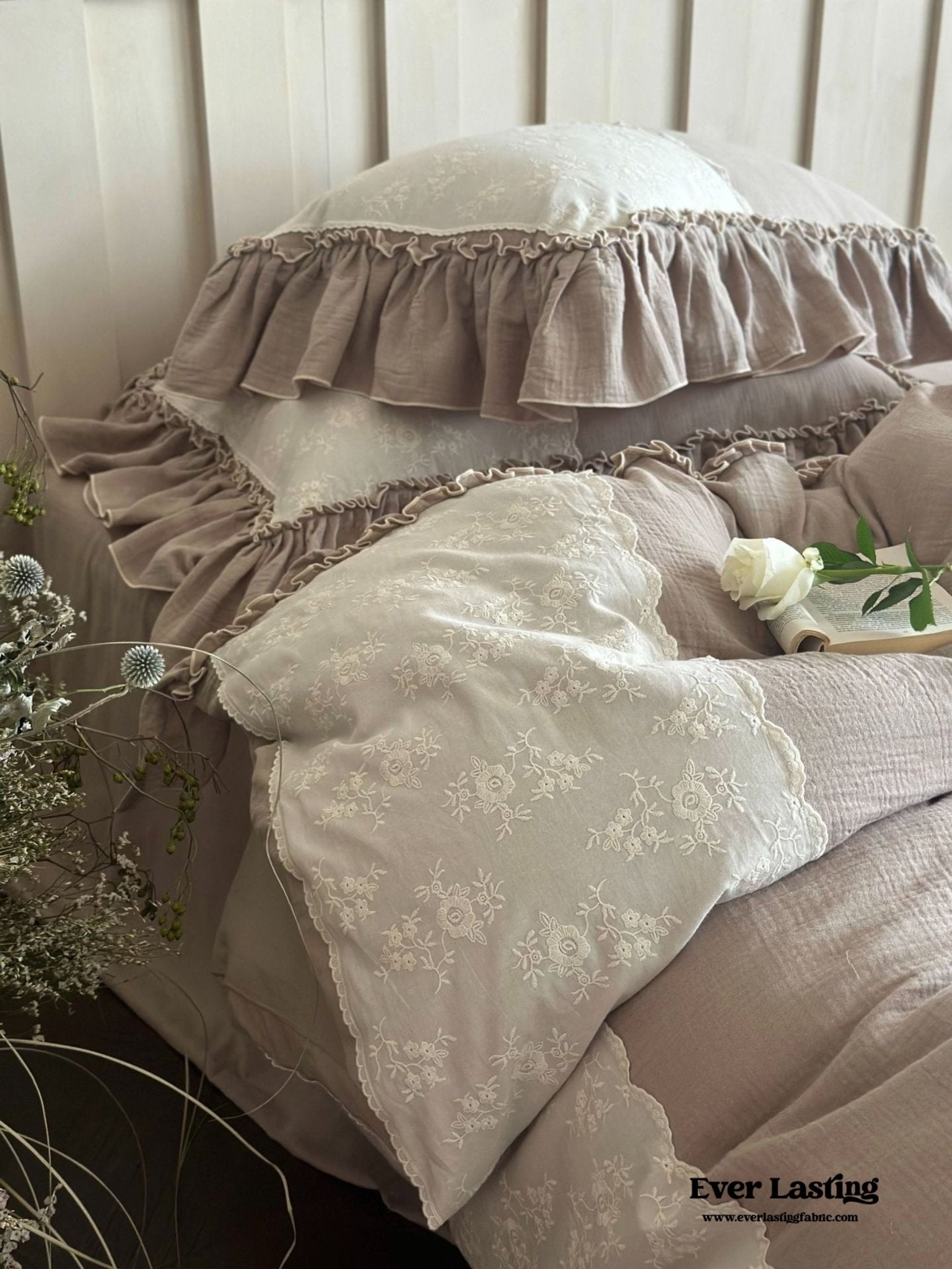 Celeste Soft Lace Embroidered Ruffle Bedding Set / White
