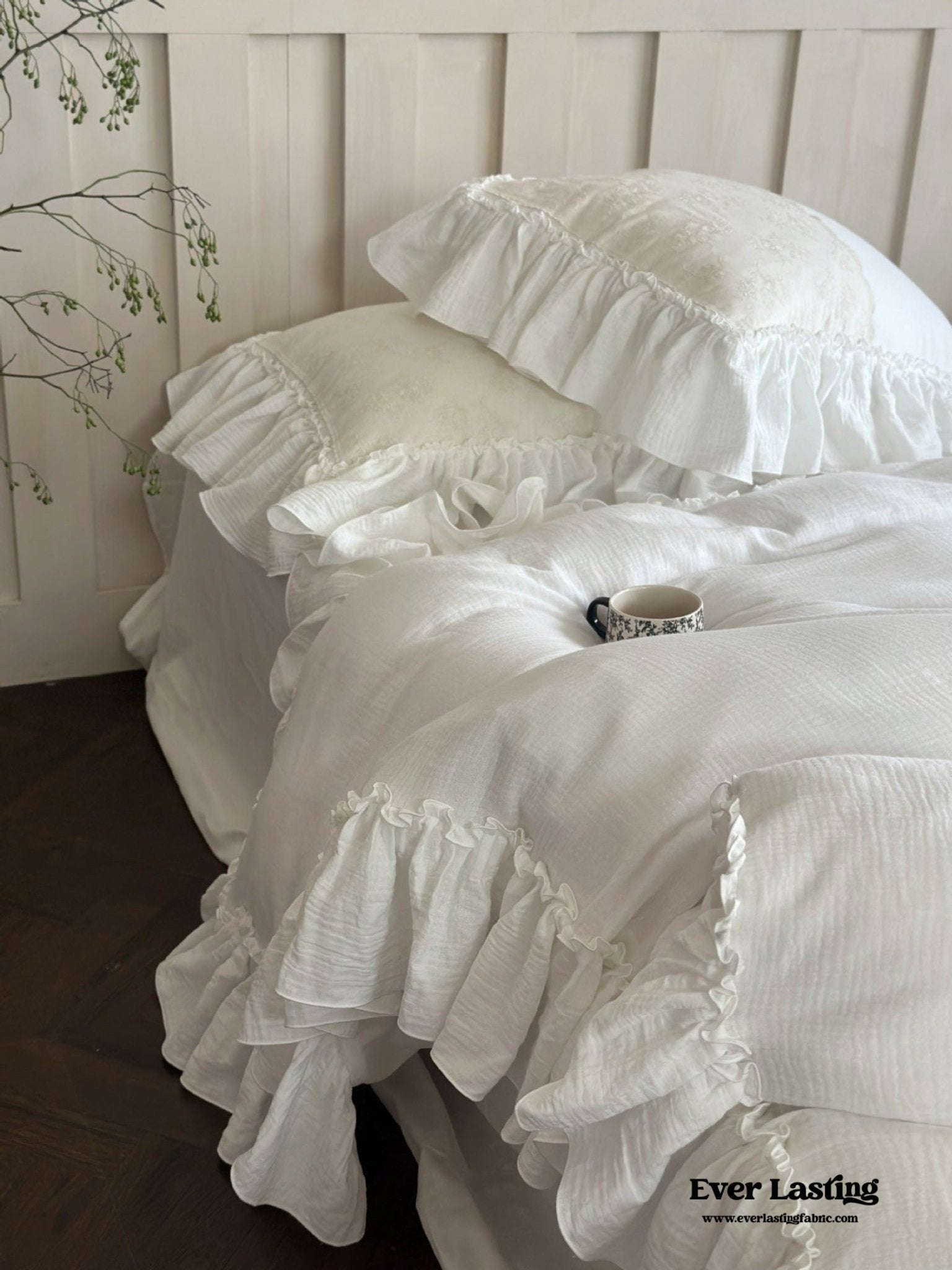 Celeste Soft Lace Embroidered Ruffle Bedding Set / White