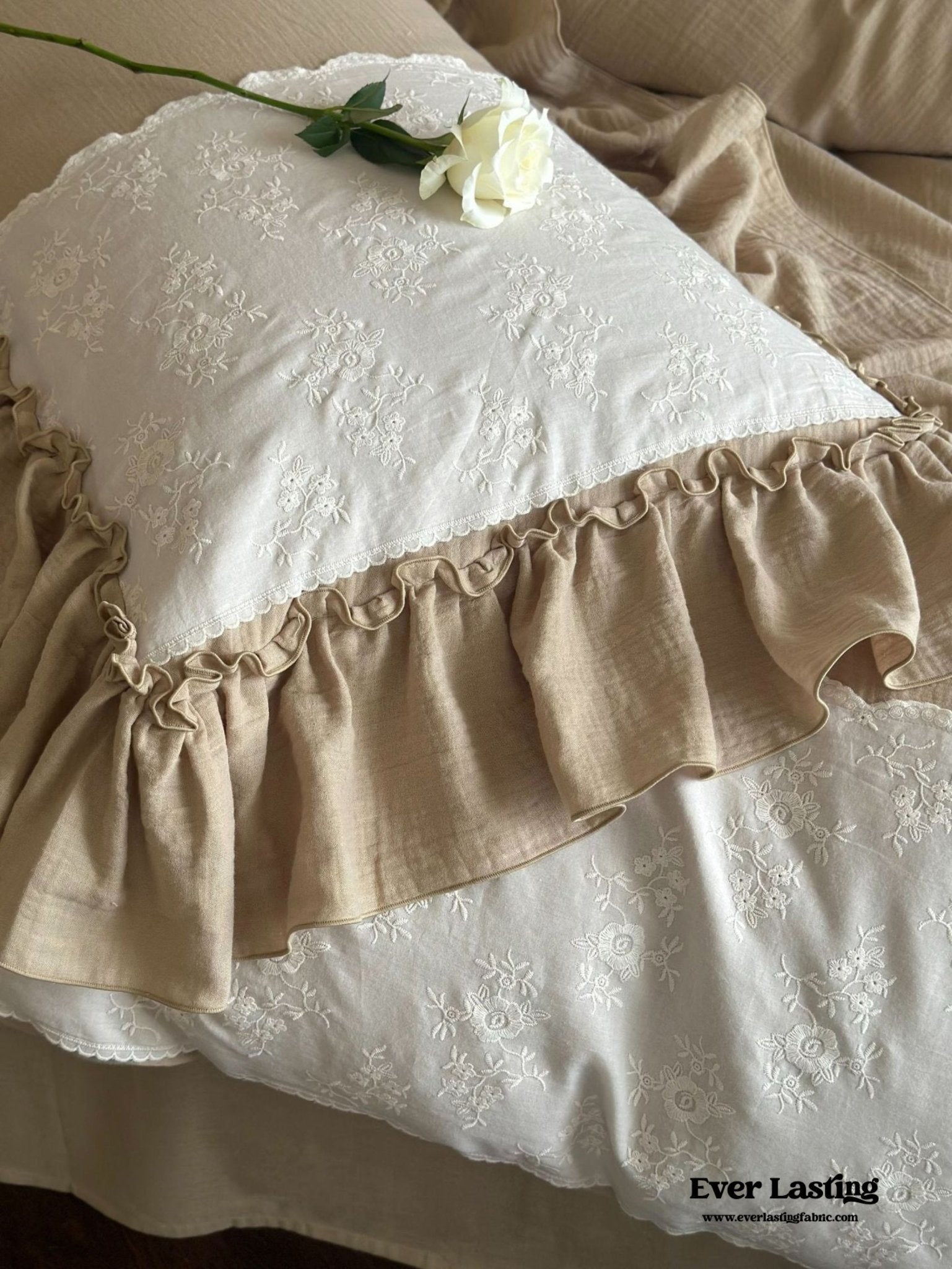 Celeste Soft Lace Embroidered Ruffle Bedding Set / White