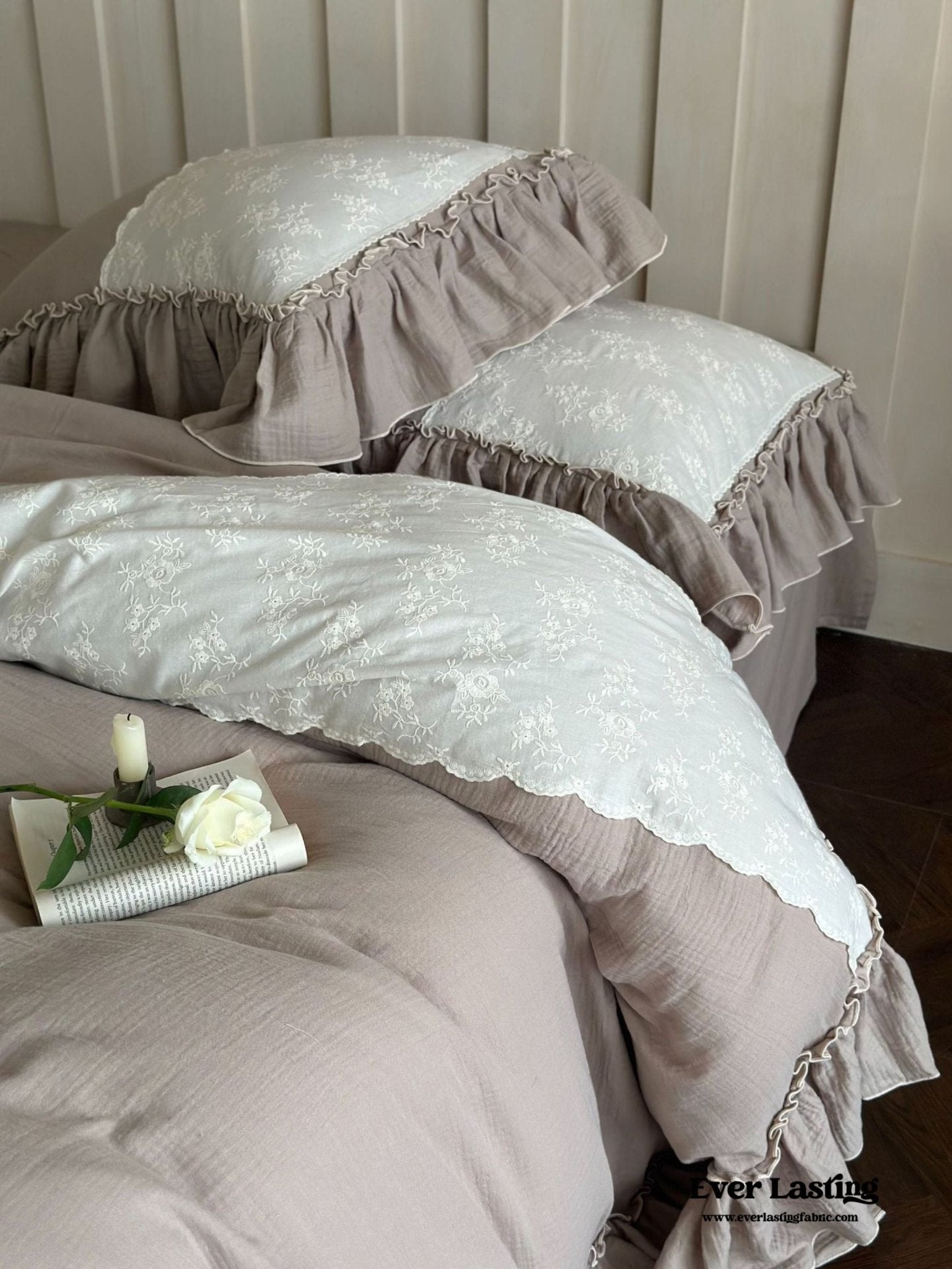 Celeste Soft Lace Embroidered Ruffle Bedding Set / White