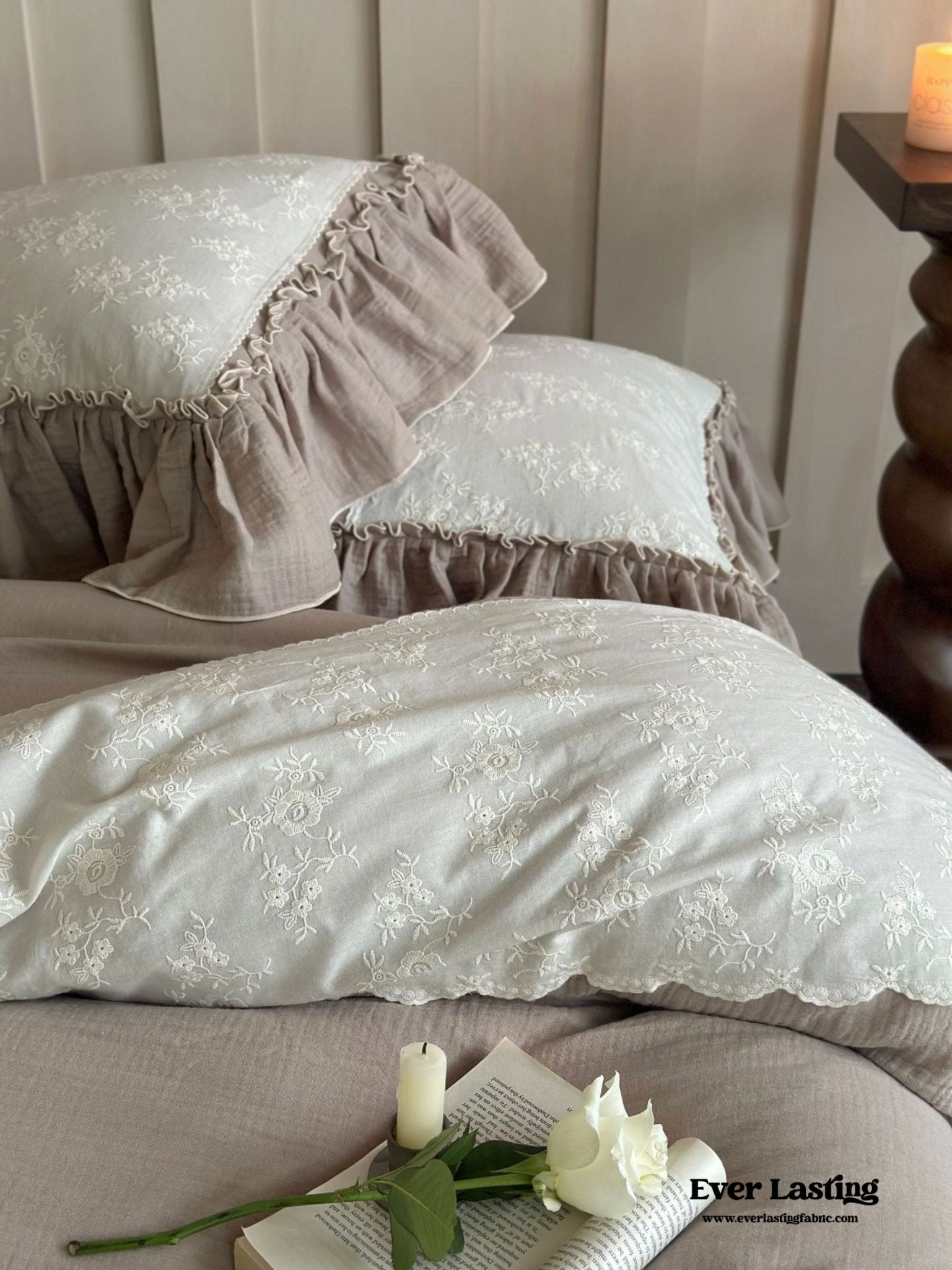 Celeste Soft Lace Embroidered Ruffle Bedding Set / White