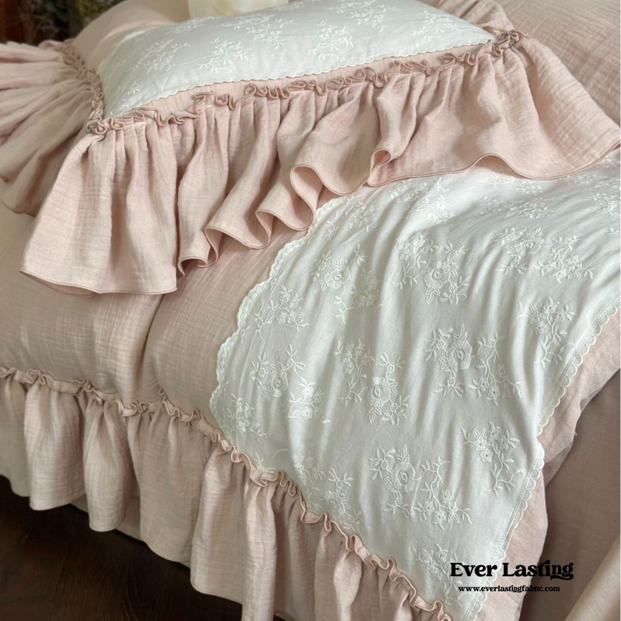 Celeste Soft Lace Embroidered Ruffle Bedding Set / White