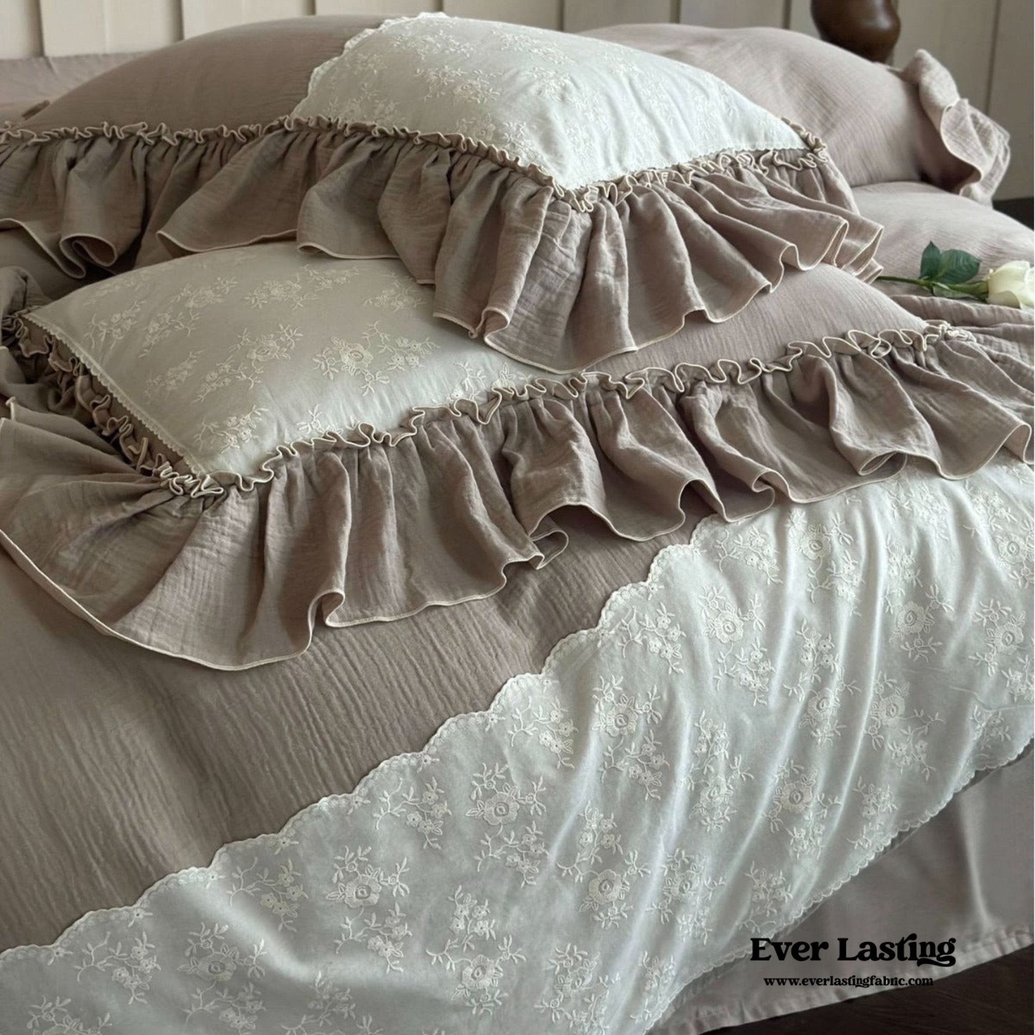 Celeste Soft Lace Embroidered Ruffle Bedding Set / White