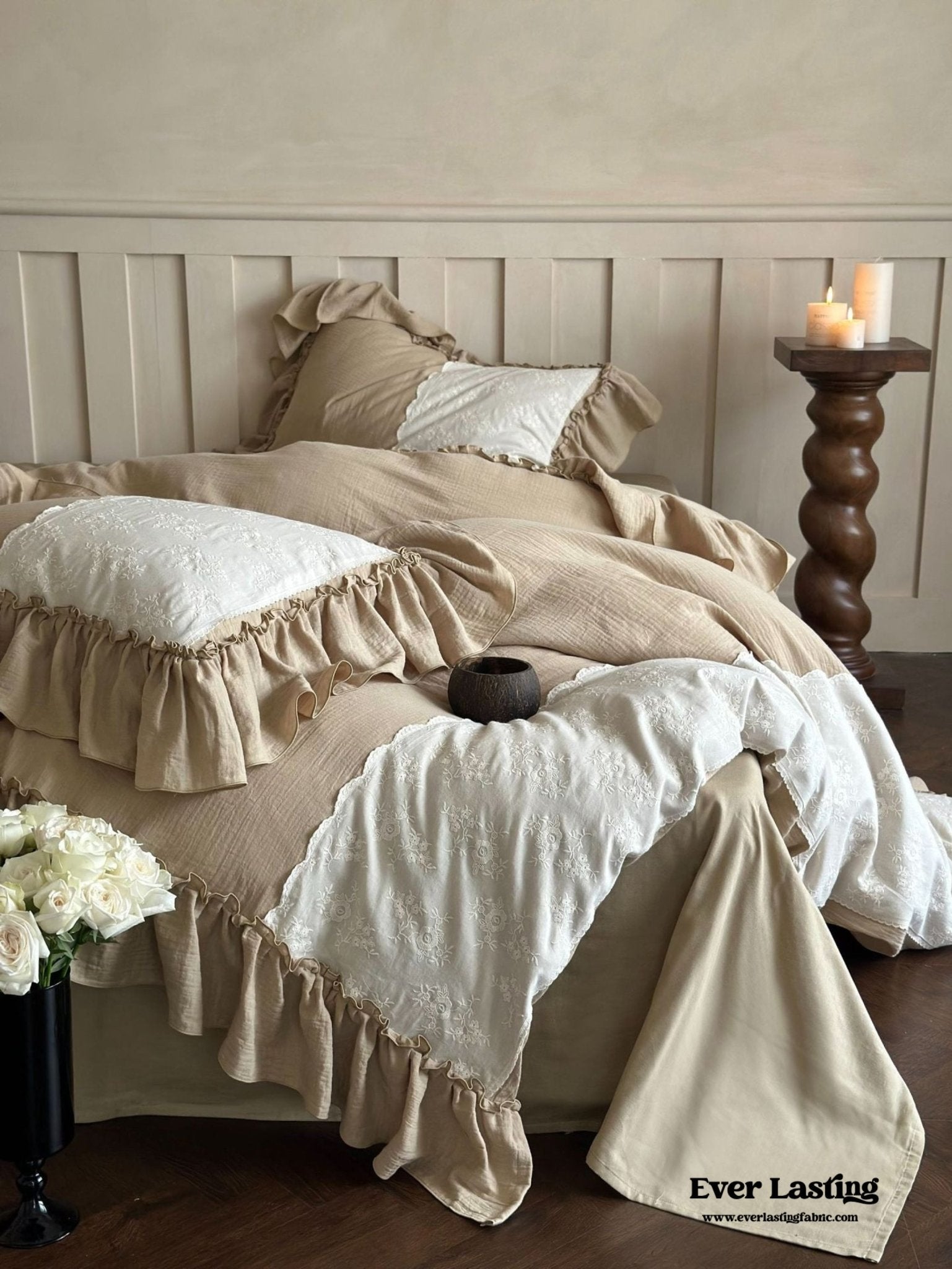 Celeste Soft Lace Embroidered Ruffle Bedding Set / White