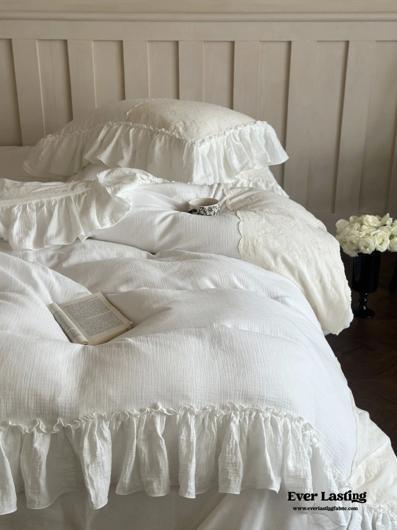 Celeste Soft Lace Embroidered Ruffle Bedding Set / White