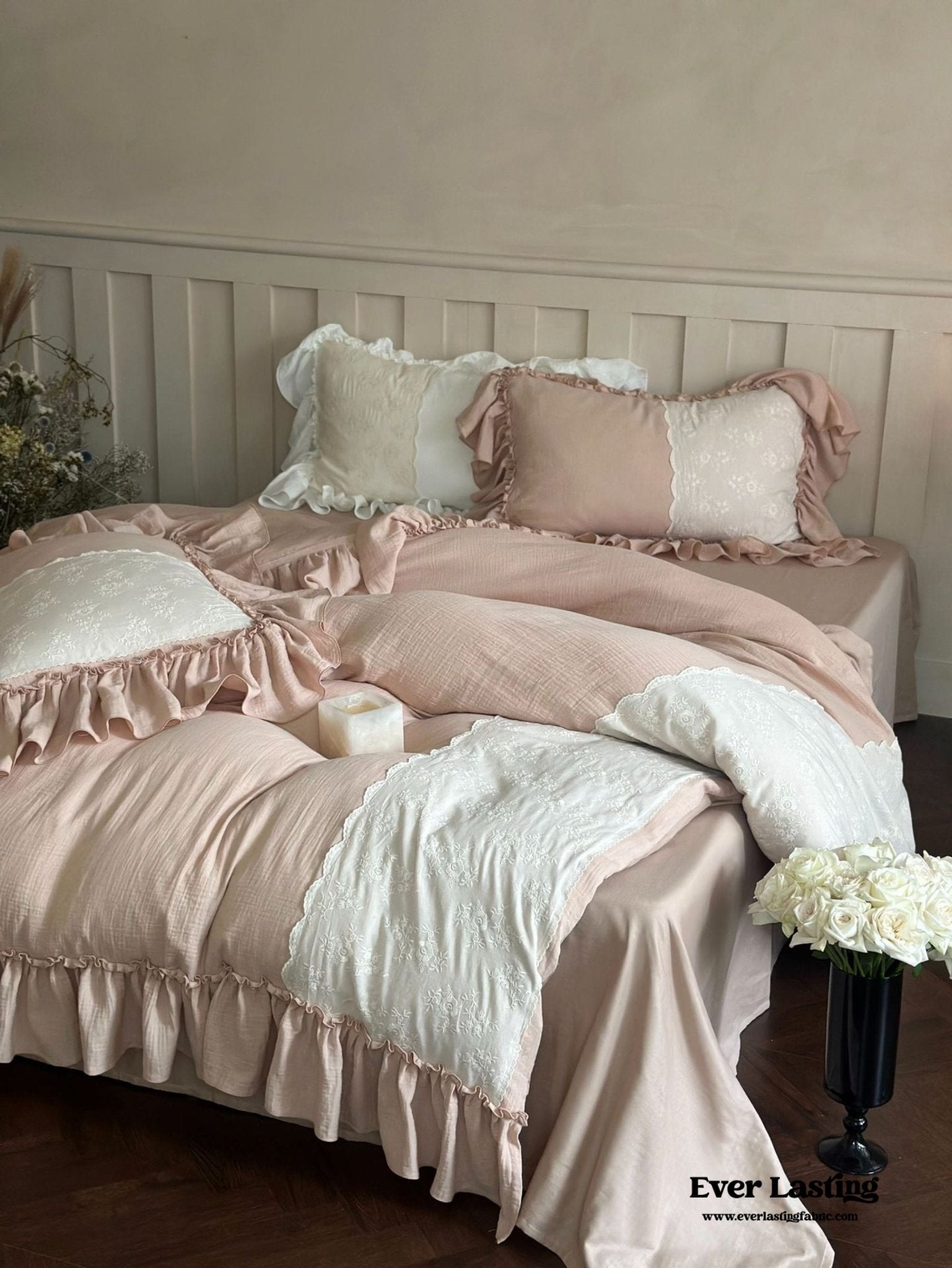 Celeste Soft Lace Embroidered Ruffle Bedding Set / White