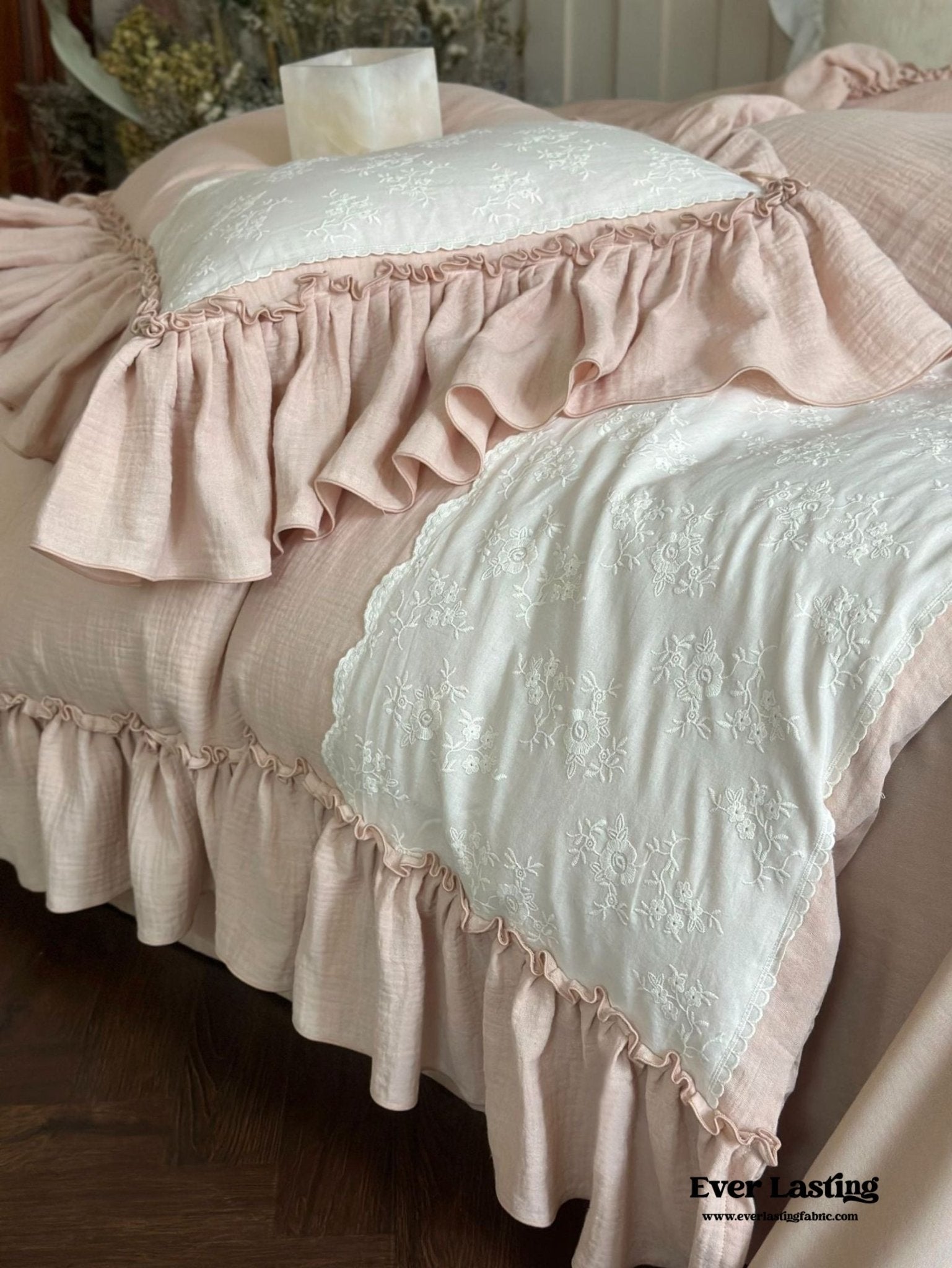 Celeste Soft Lace Embroidered Ruffle Bedding Set / White