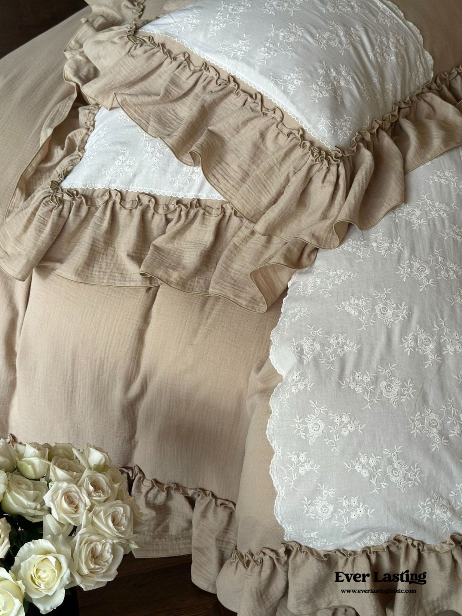 Celeste Soft Lace Embroidered Ruffle Bedding Set / White