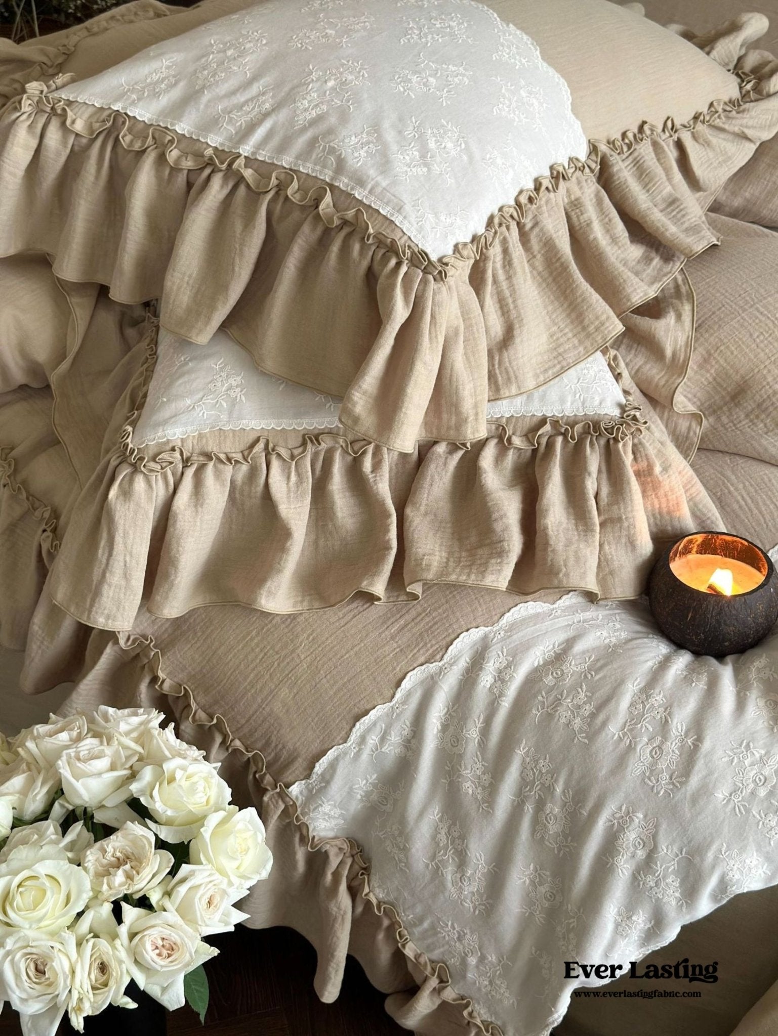 Celeste Soft Lace Embroidered Ruffle Bedding Set / White