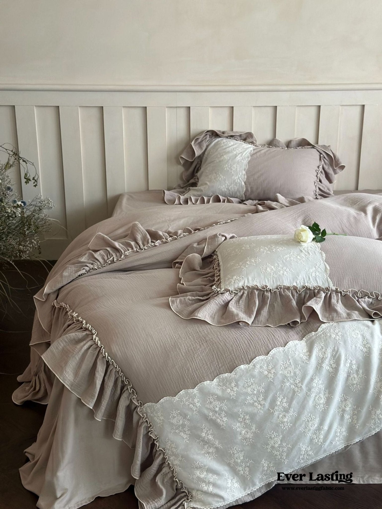 Celeste Soft Lace Embroidered Ruffle Bedding Set / White