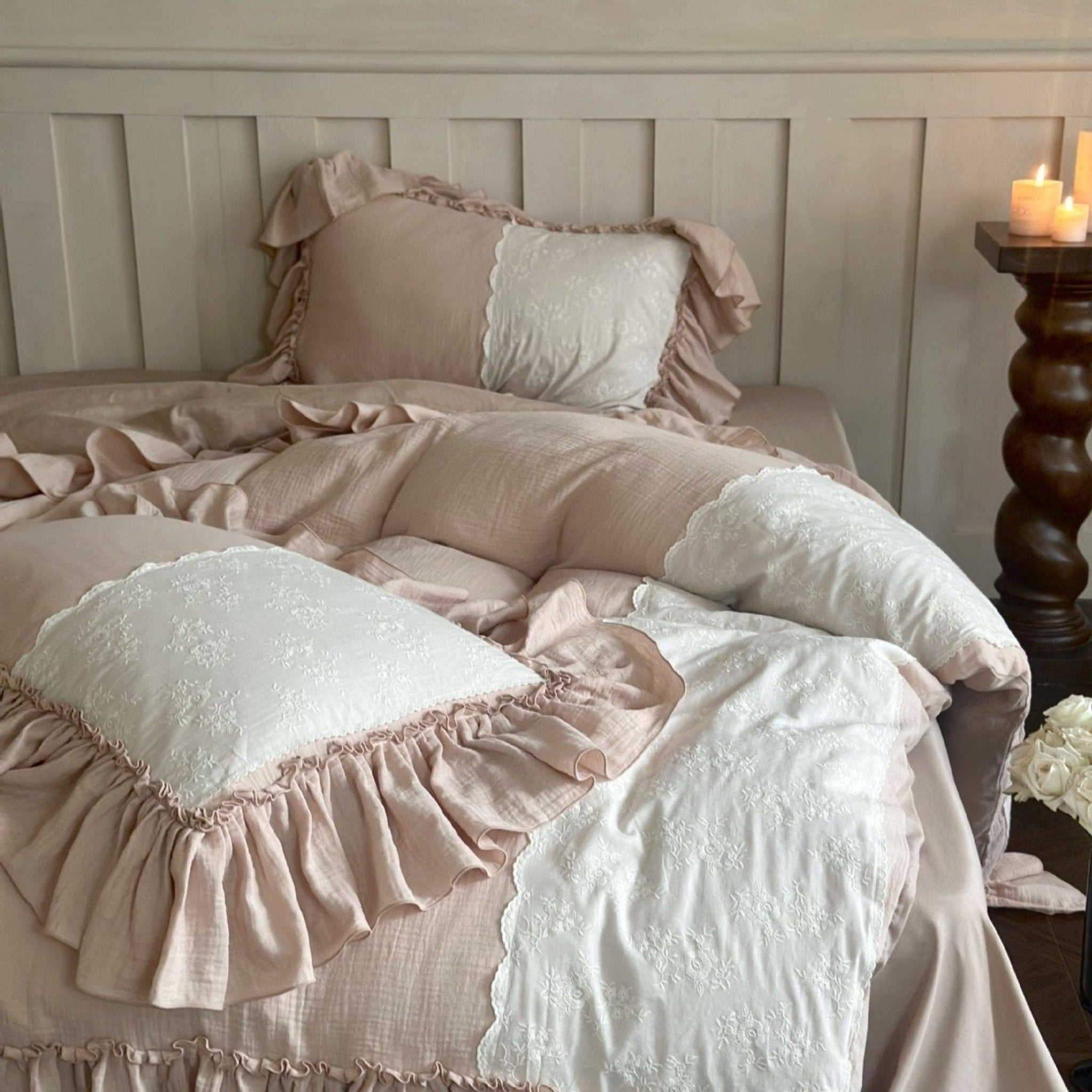 Celeste Soft Lace Embroidered Ruffle Bedding Set / White