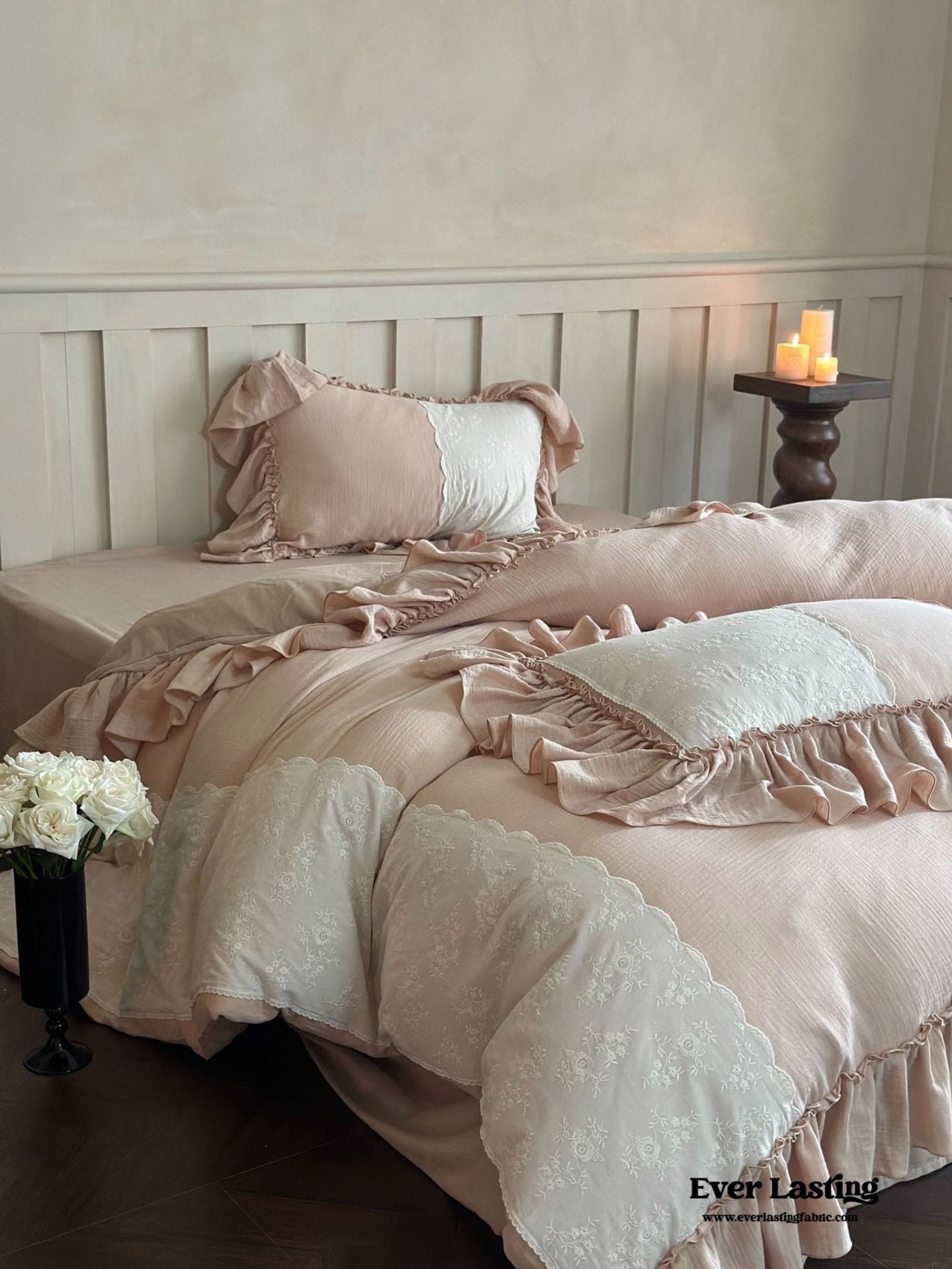 Celeste Soft Lace Embroidered Ruffle Bedding Set / White