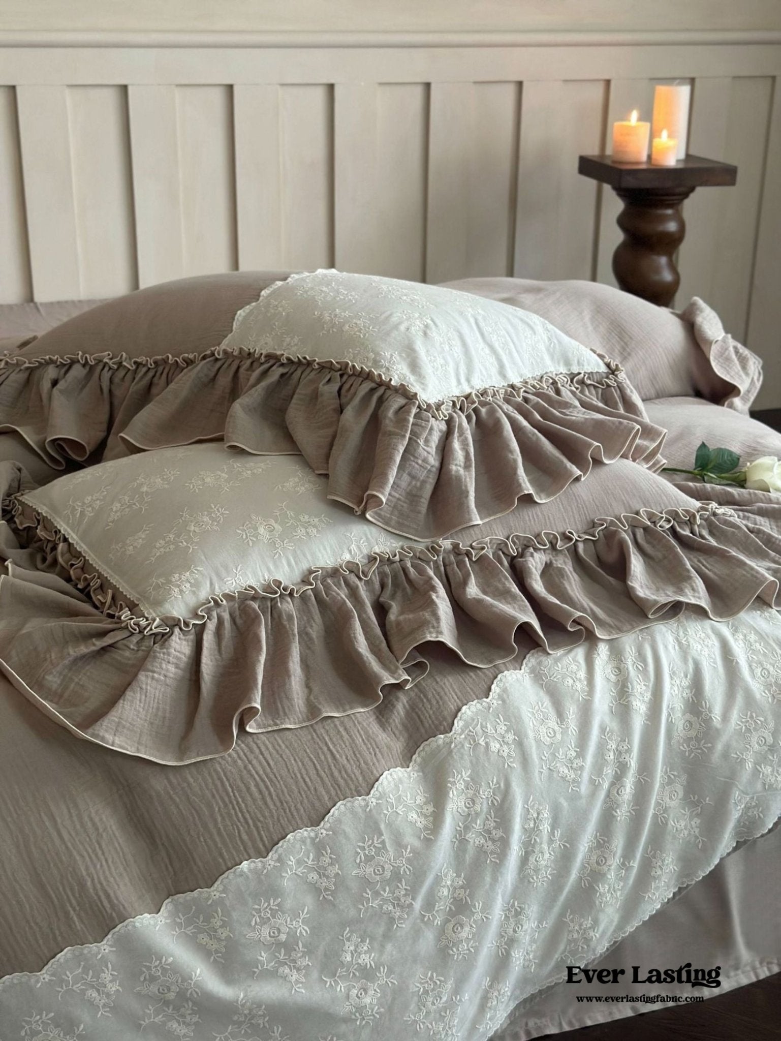 Celeste Soft Lace Embroidered Ruffle Bedding Set / White