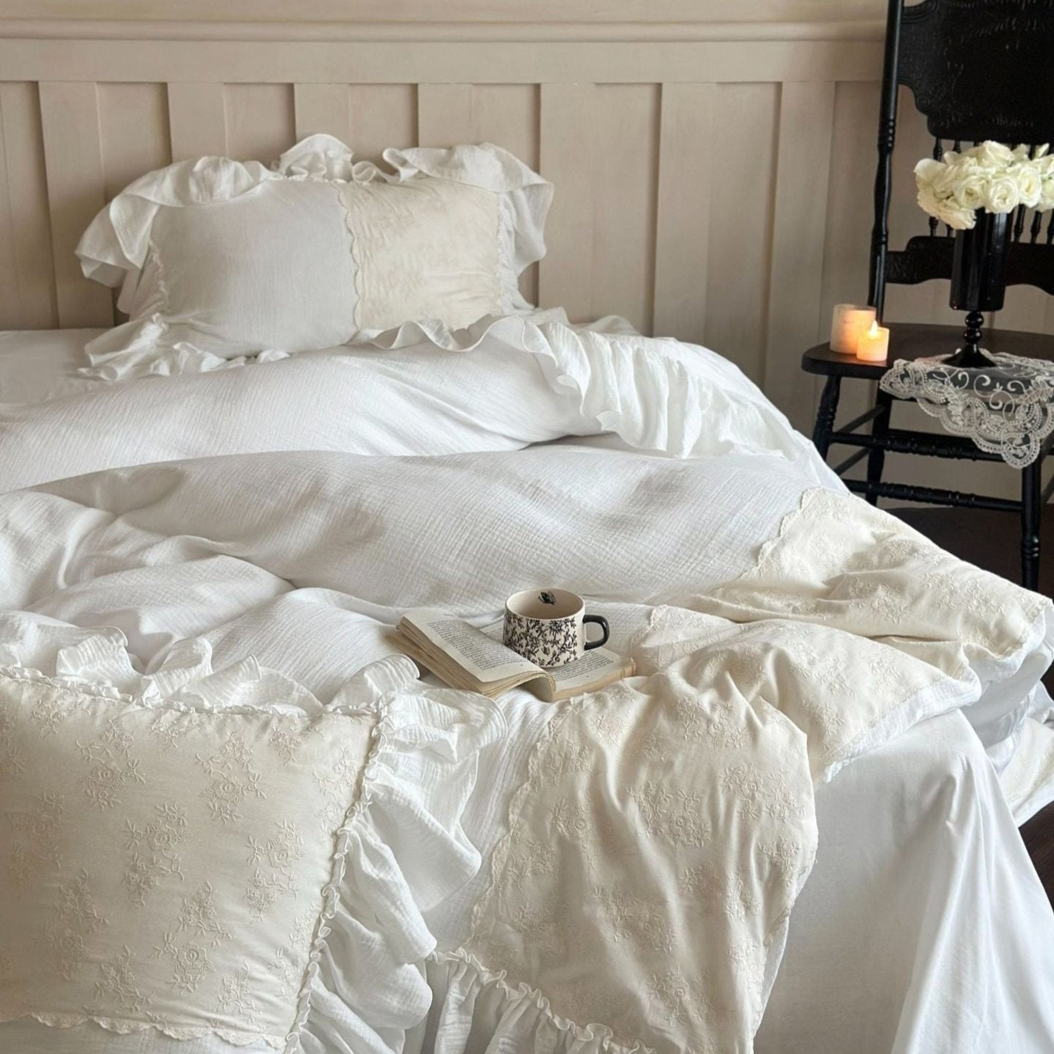 Celeste Soft Lace Embroidered Ruffle Bedding Set / White