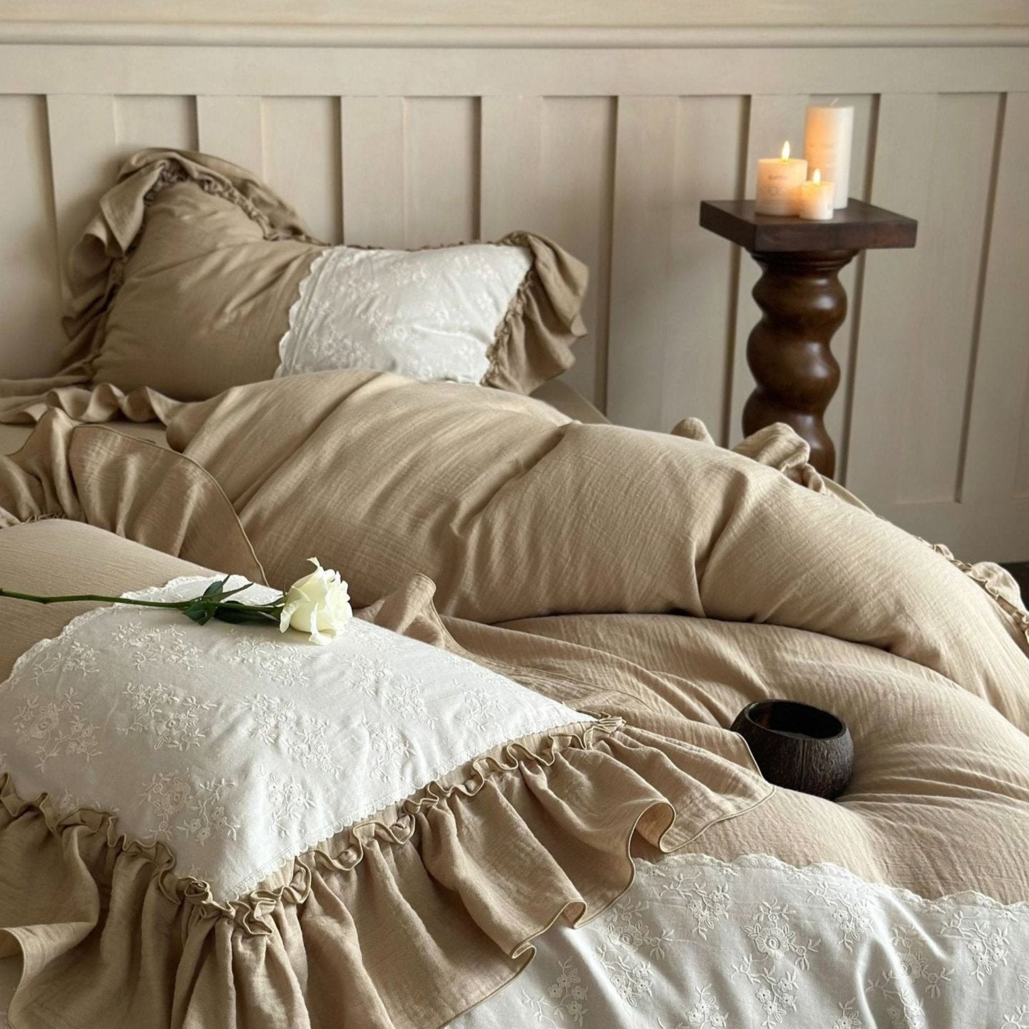 Celeste Soft Lace Embroidered Ruffle Bedding Set / White