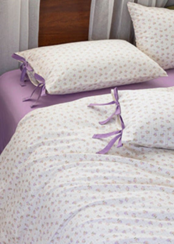 Celia Cottage Ribbon Bow Tie Floral Bedding Set / Purple
