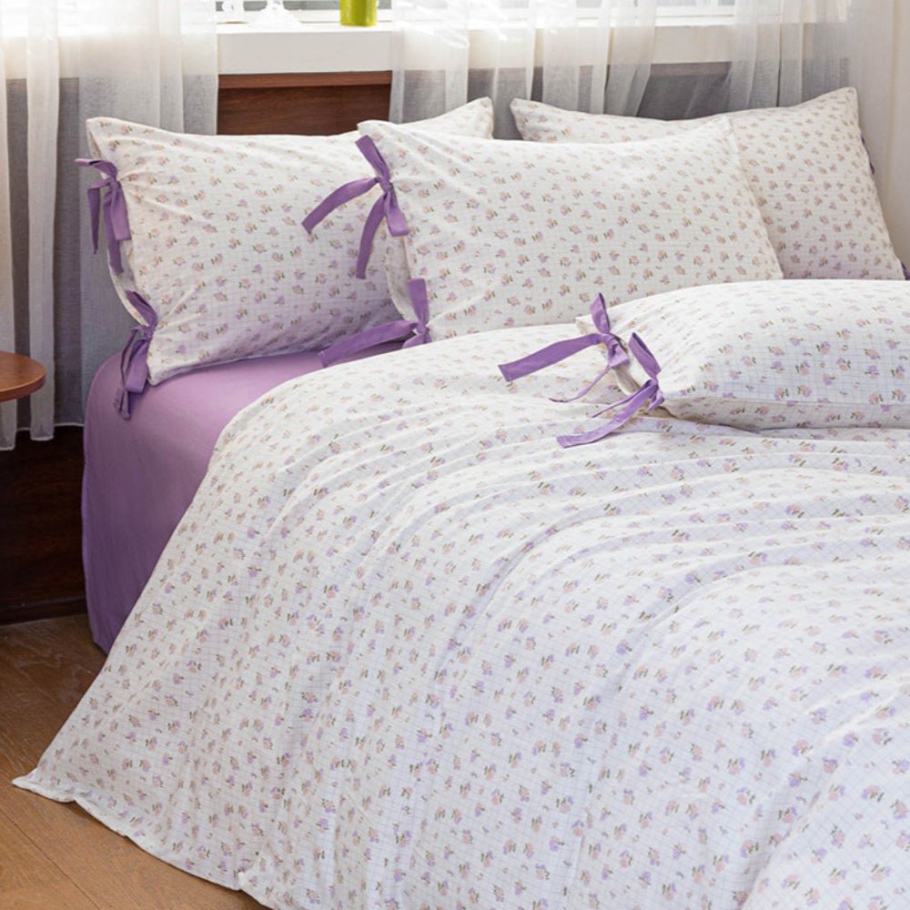 Celia Cottage Ribbon Bow Tie Floral Bedding Set / Purple
