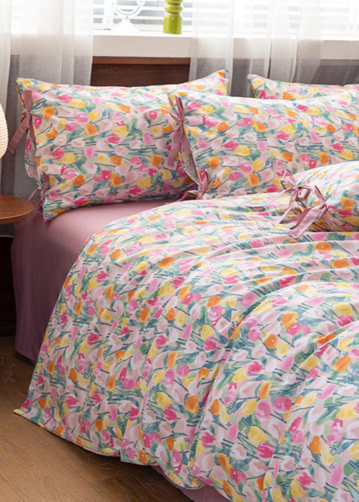 Celia Cottage Ribbon Bow Tie Floral Bedding Set / Purple
