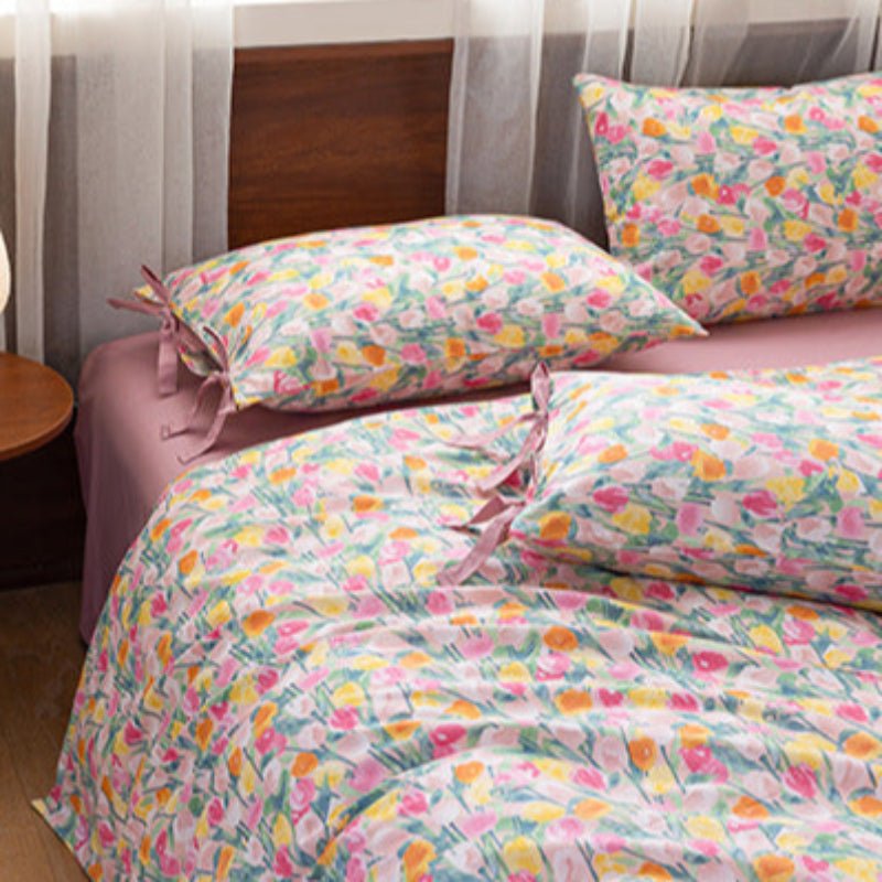 Celia Cottage Ribbon Bow Tie Floral Bedding Set / Purple
