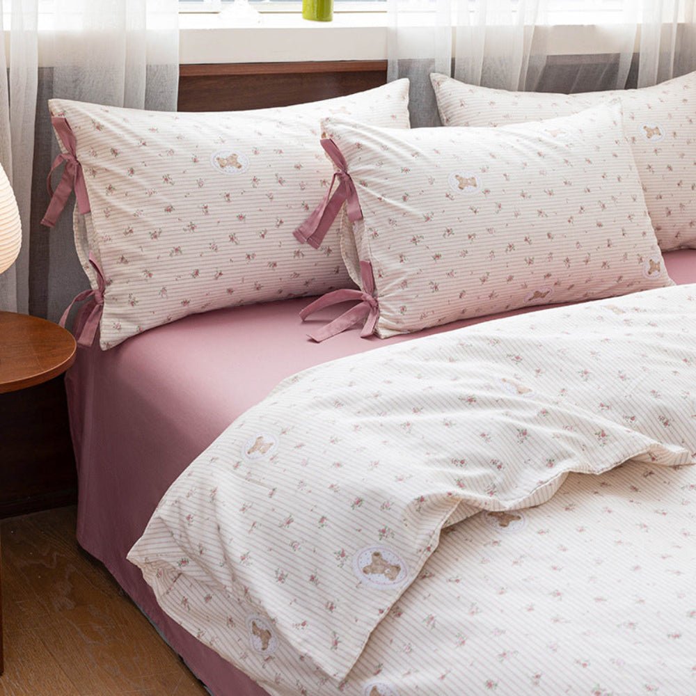 Celia Cottage Ribbon Bow Tie Floral Bedding Set / Pink