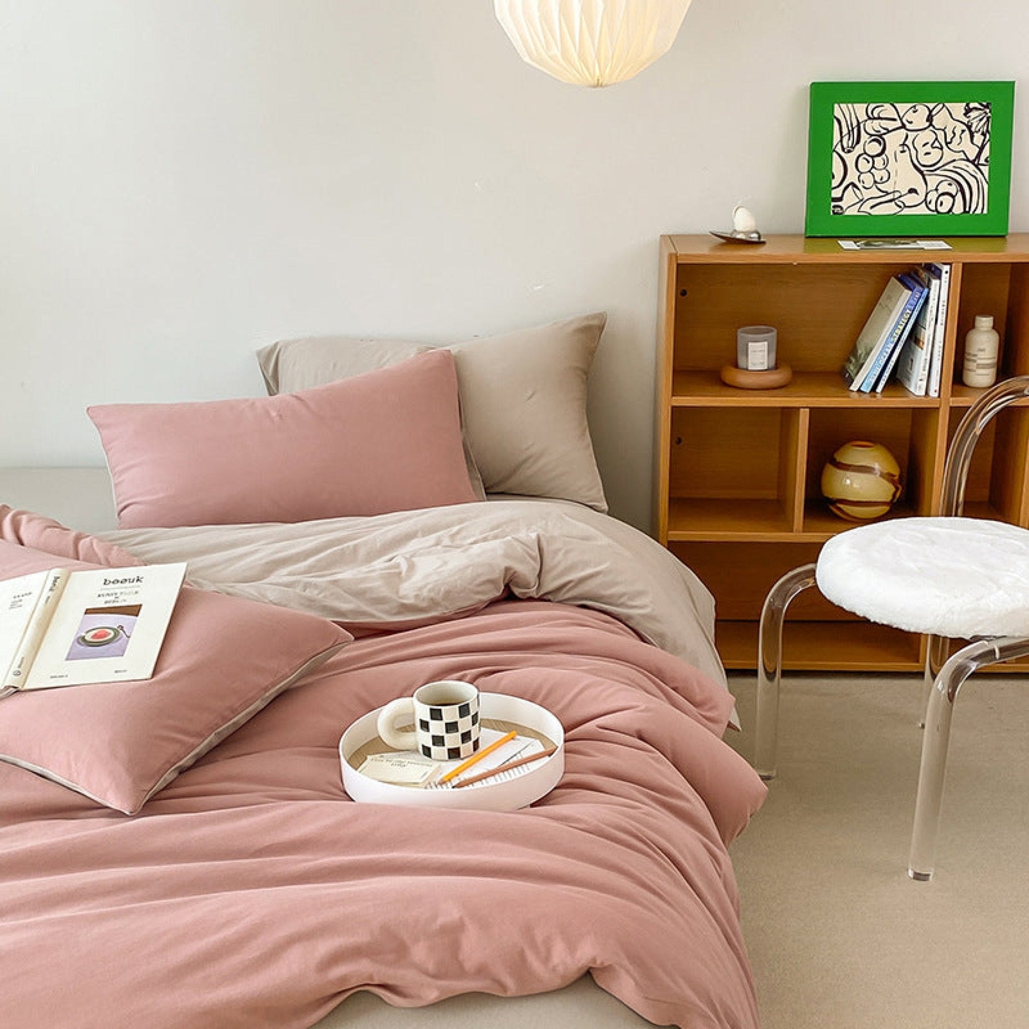 Duo Earth Tone Jersey Knit Bedding Set / Pink Beige