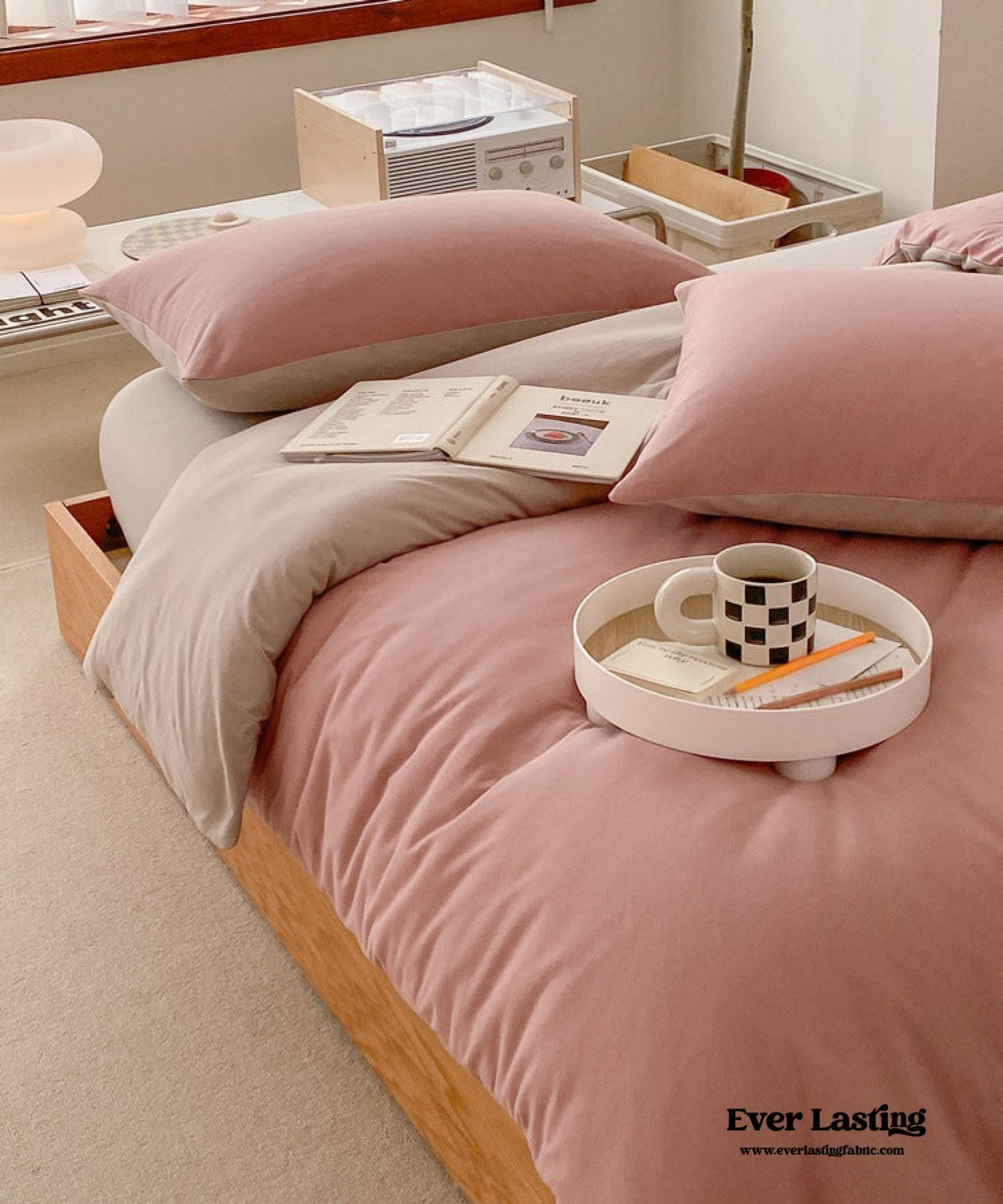 Duo Earth Tone Jersey Knit Bedding Set / Pink Beige