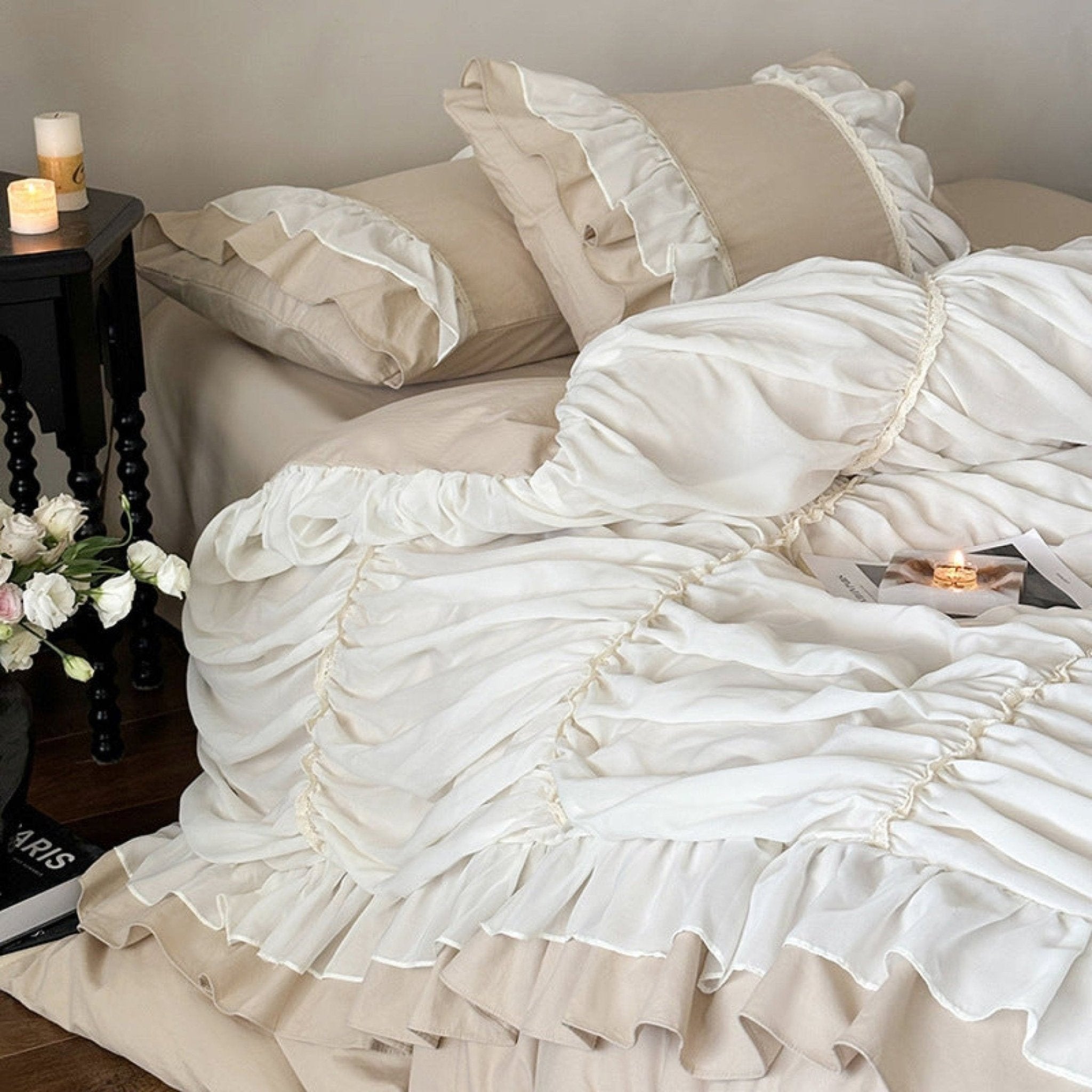 Élodie Silky Coquette Ruffled Bedding Set / White