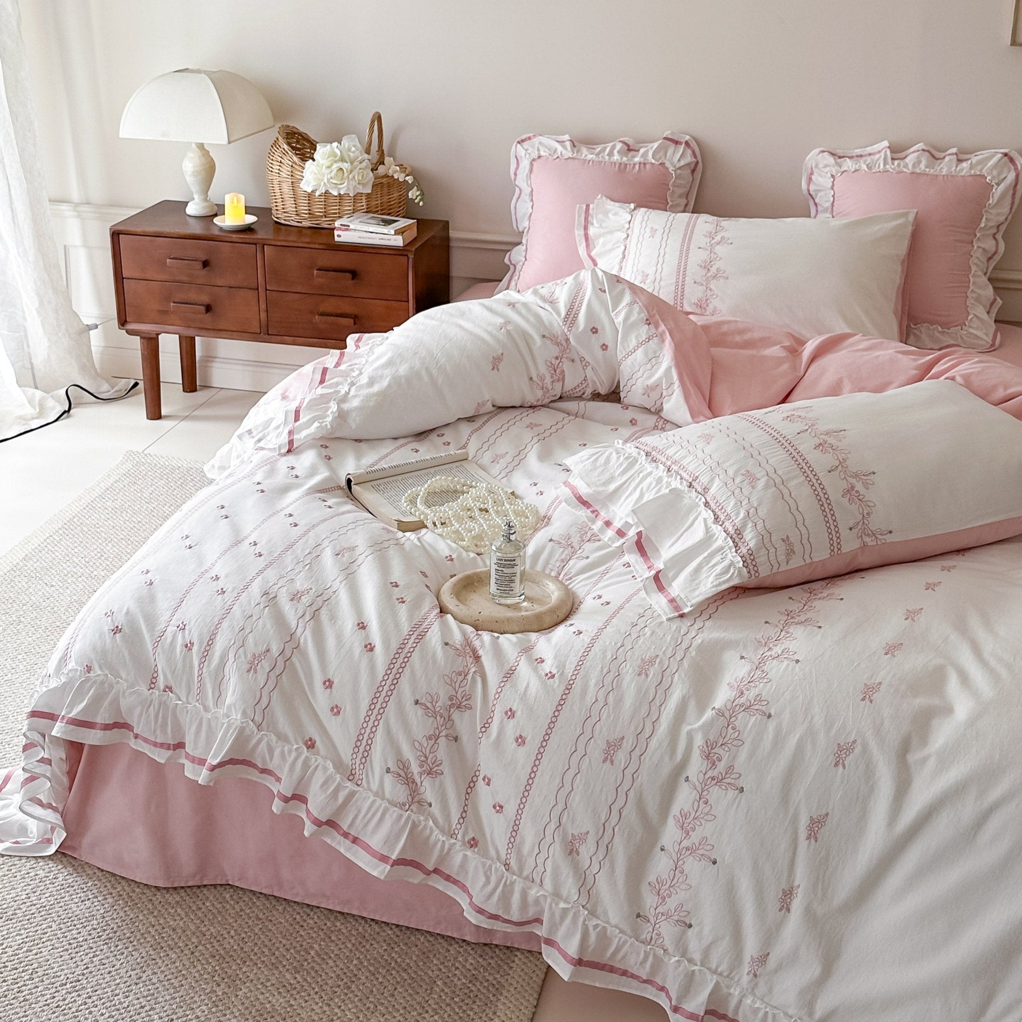 Embroidered French Lace Ruffle Duvet Cover / Pink