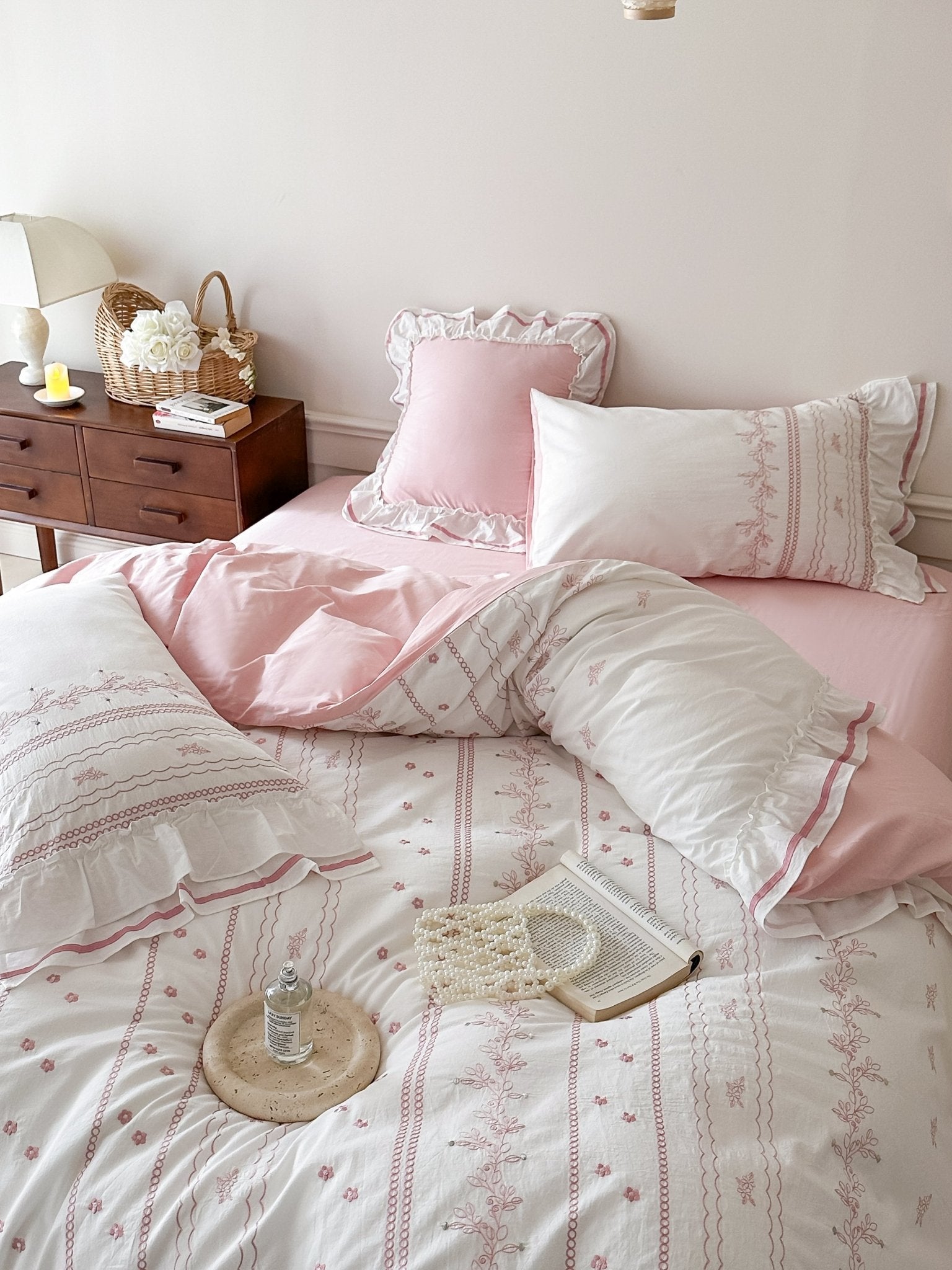 Embroidered French Lace Ruffle Bedding Set / Pink