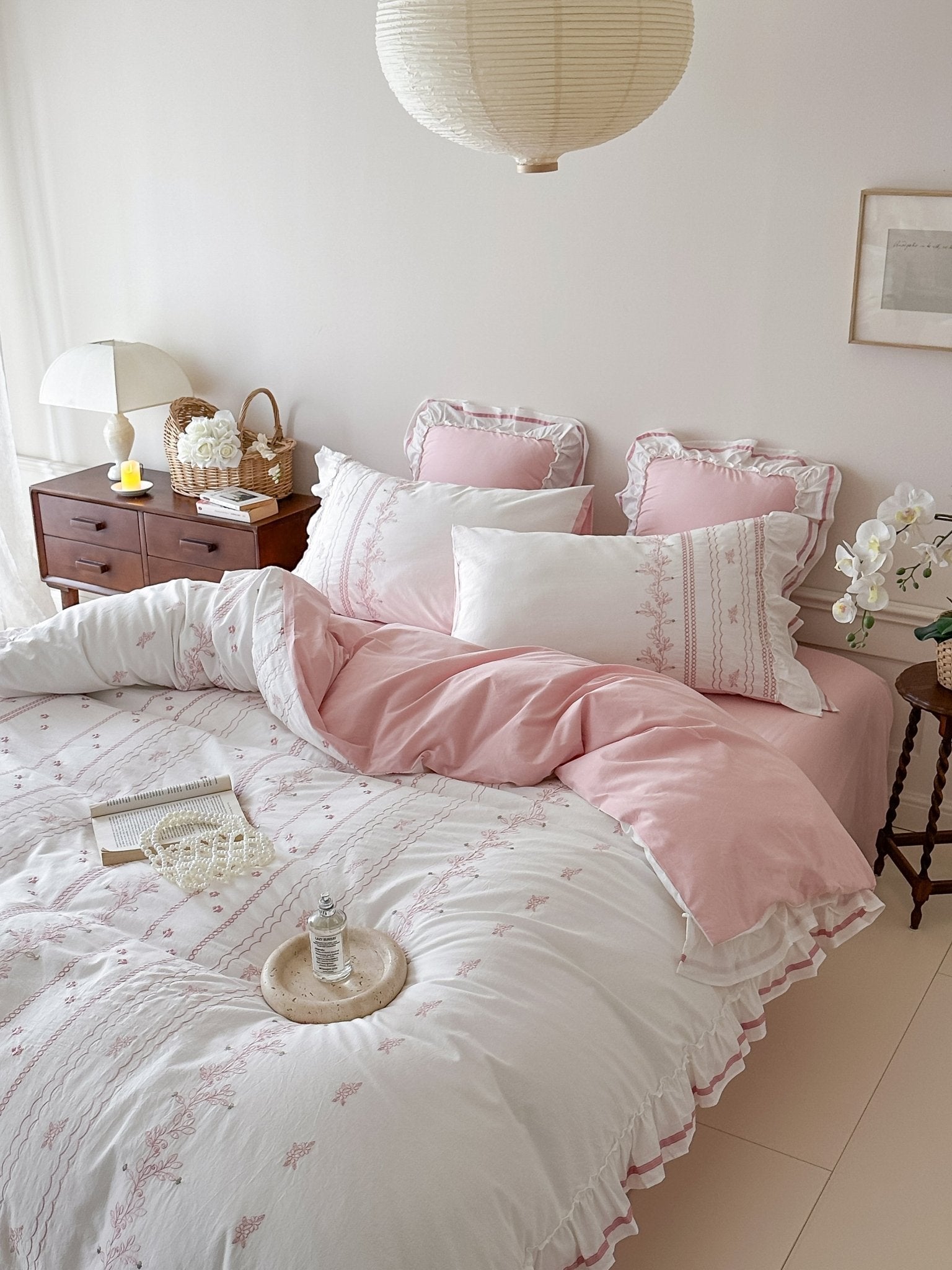 Embroidered French Lace Ruffle Bedding Set / Pink